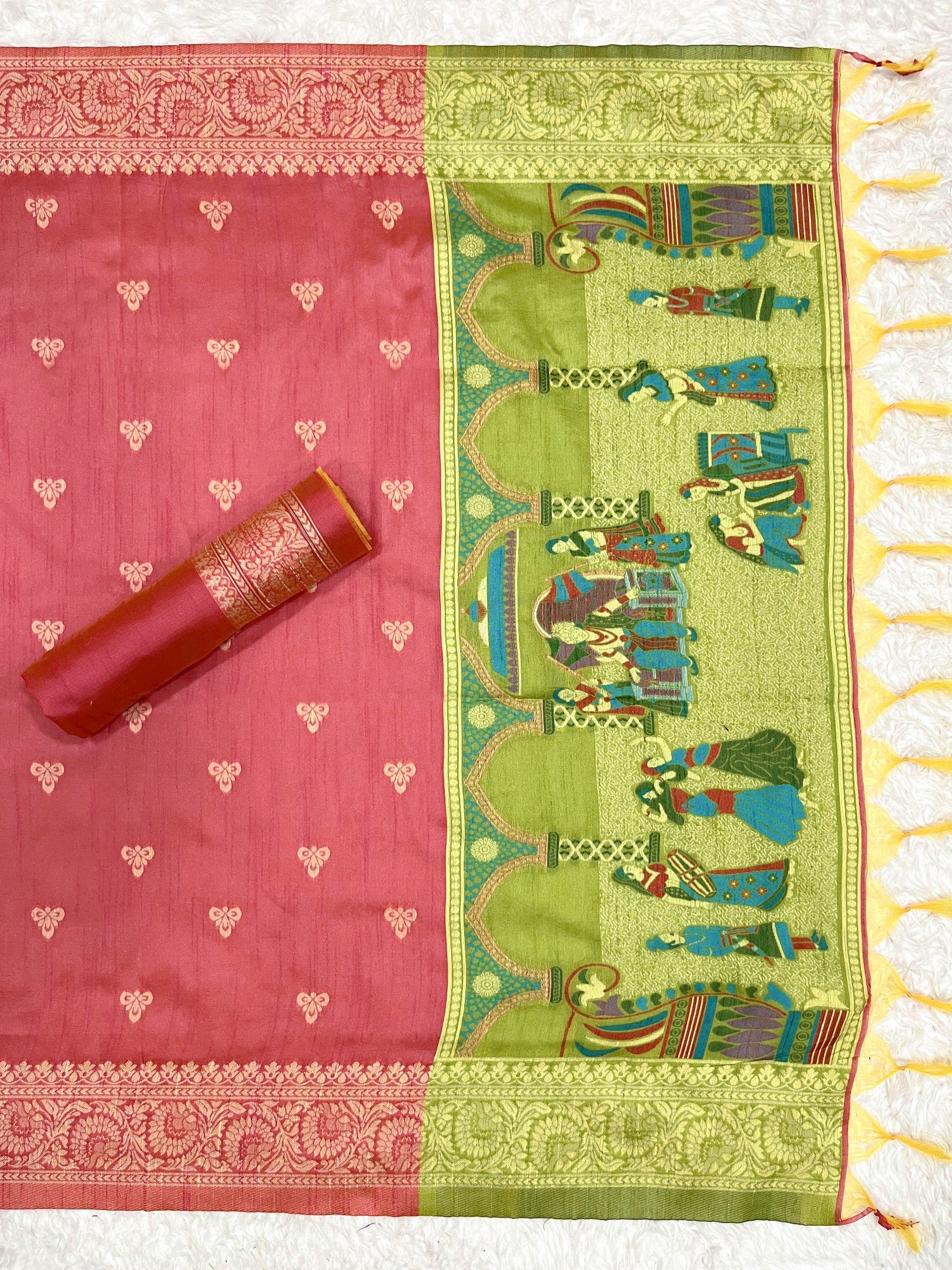 Parrot Handloom Raw Silk Warli Work With Contrast Daman Dupatta Dress Material