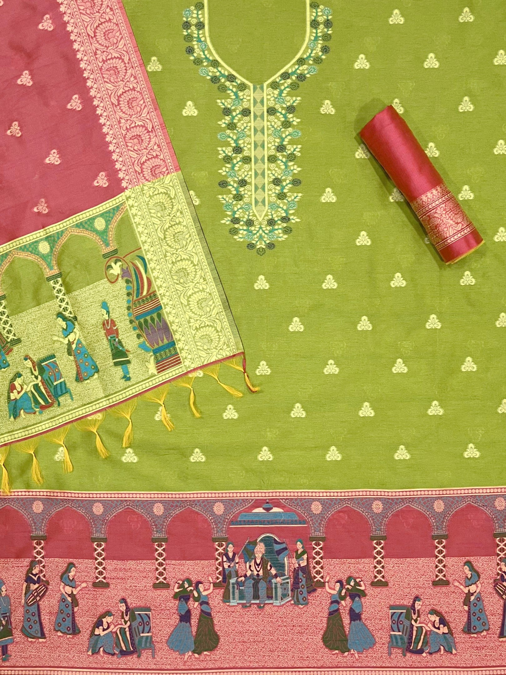 Parrot Handloom Raw Silk Warli Work With Contrast Daman Dupatta Dress Material