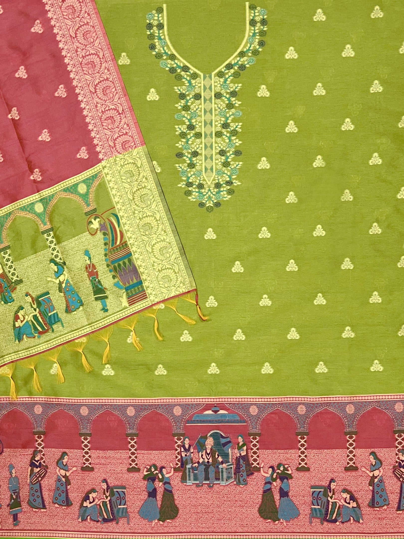 Parrot Handloom Raw Silk Warli Work With Contrast Daman Dupatta Dress Material