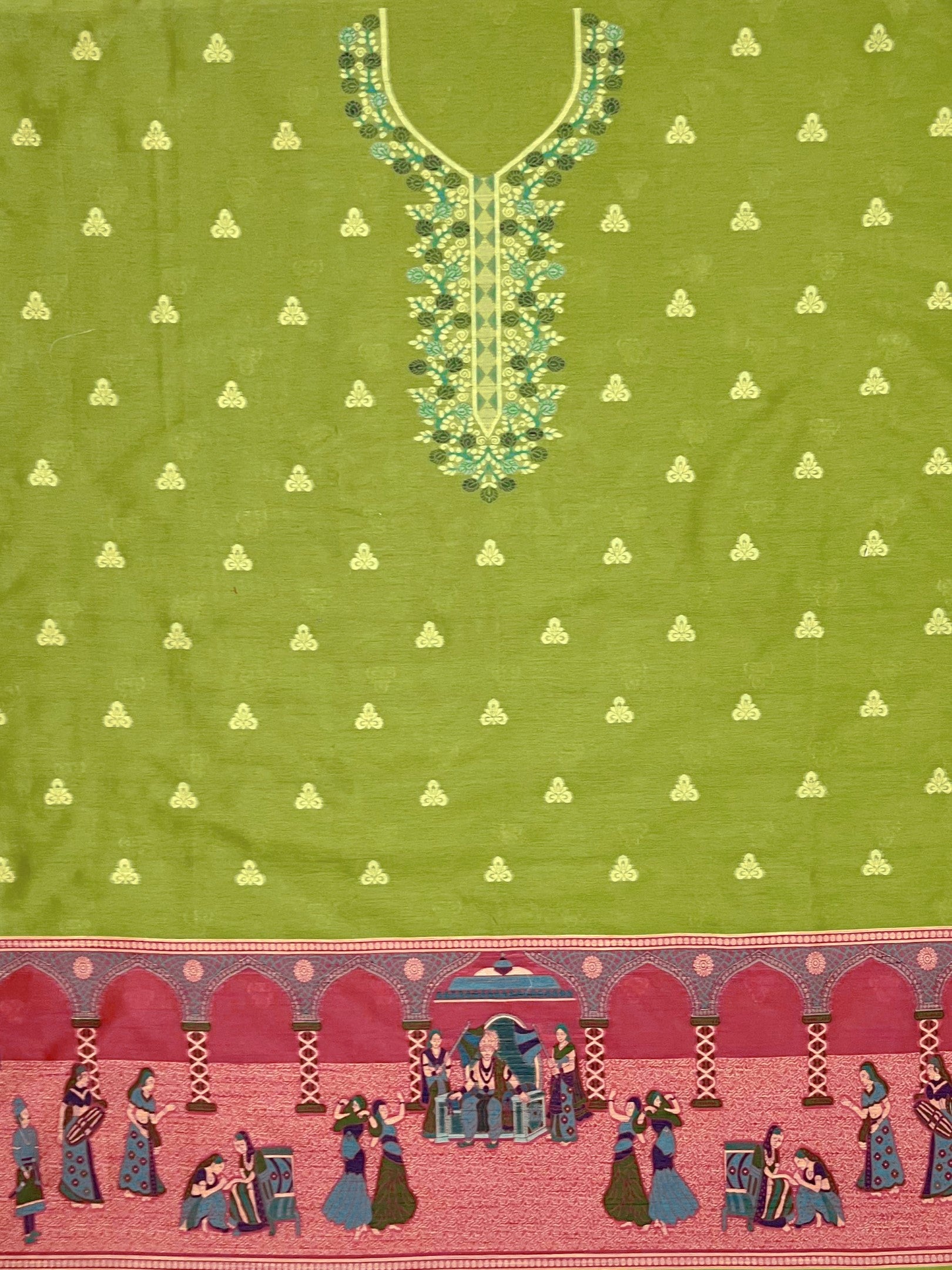 Parrot Handloom Raw Silk Warli Work With Contrast Daman Dupatta Dress Material