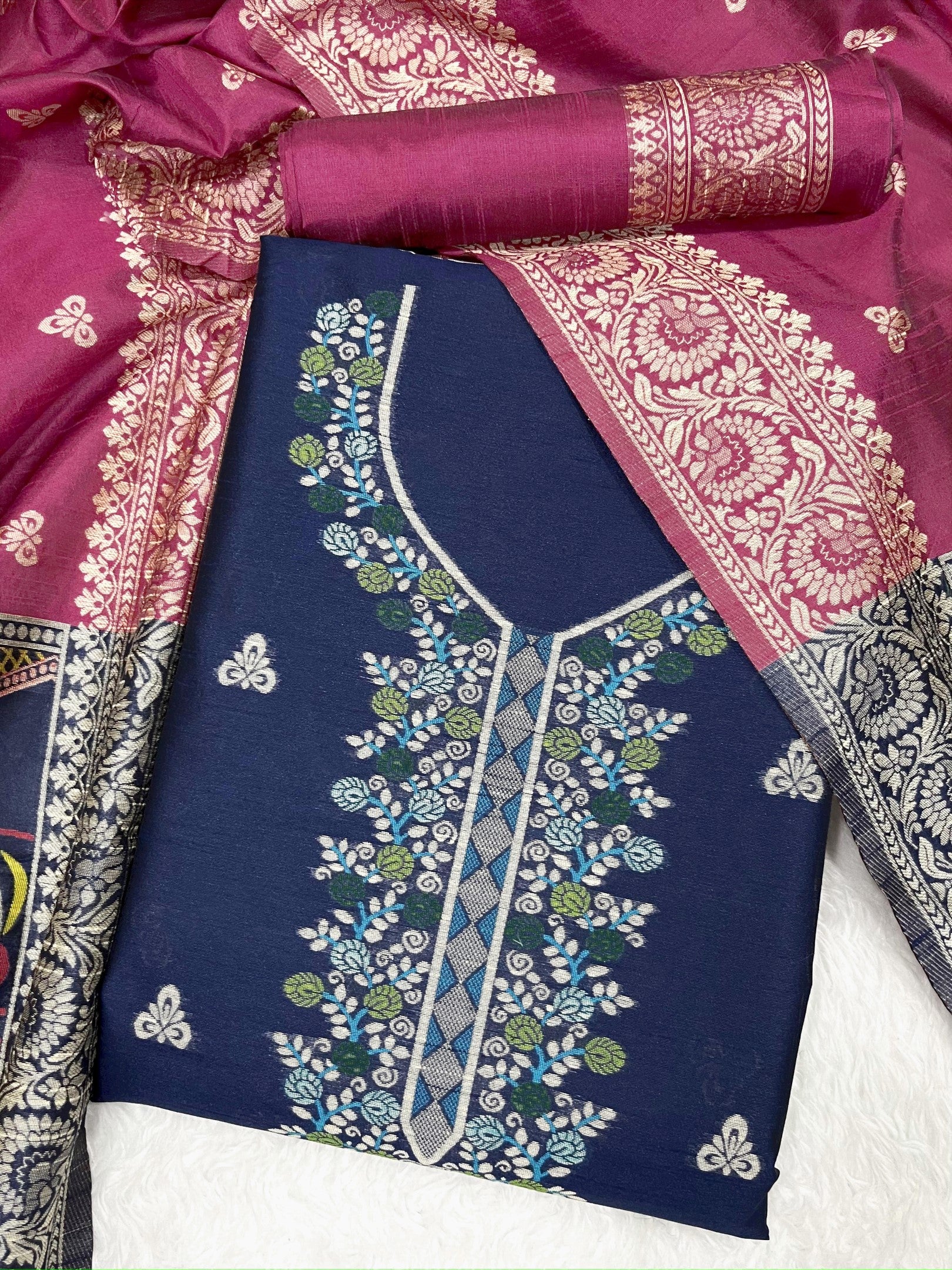 Blue Handloom Raw Silk Warli Work With Contrast Daman Dupatta Dress Material