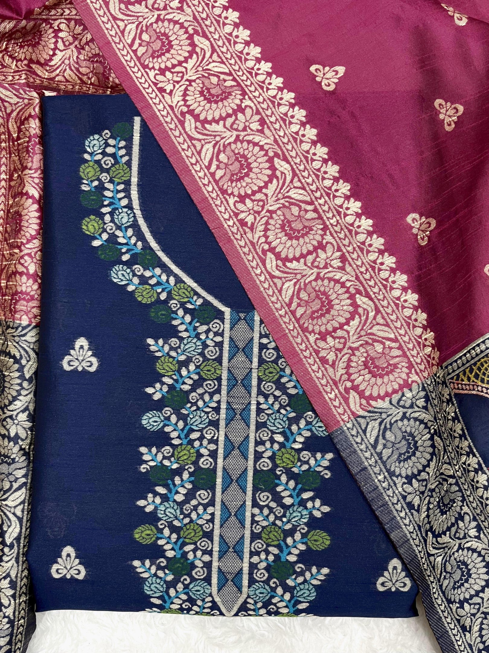 Blue Handloom Raw Silk Warli Work With Contrast Daman Dupatta Dress Material