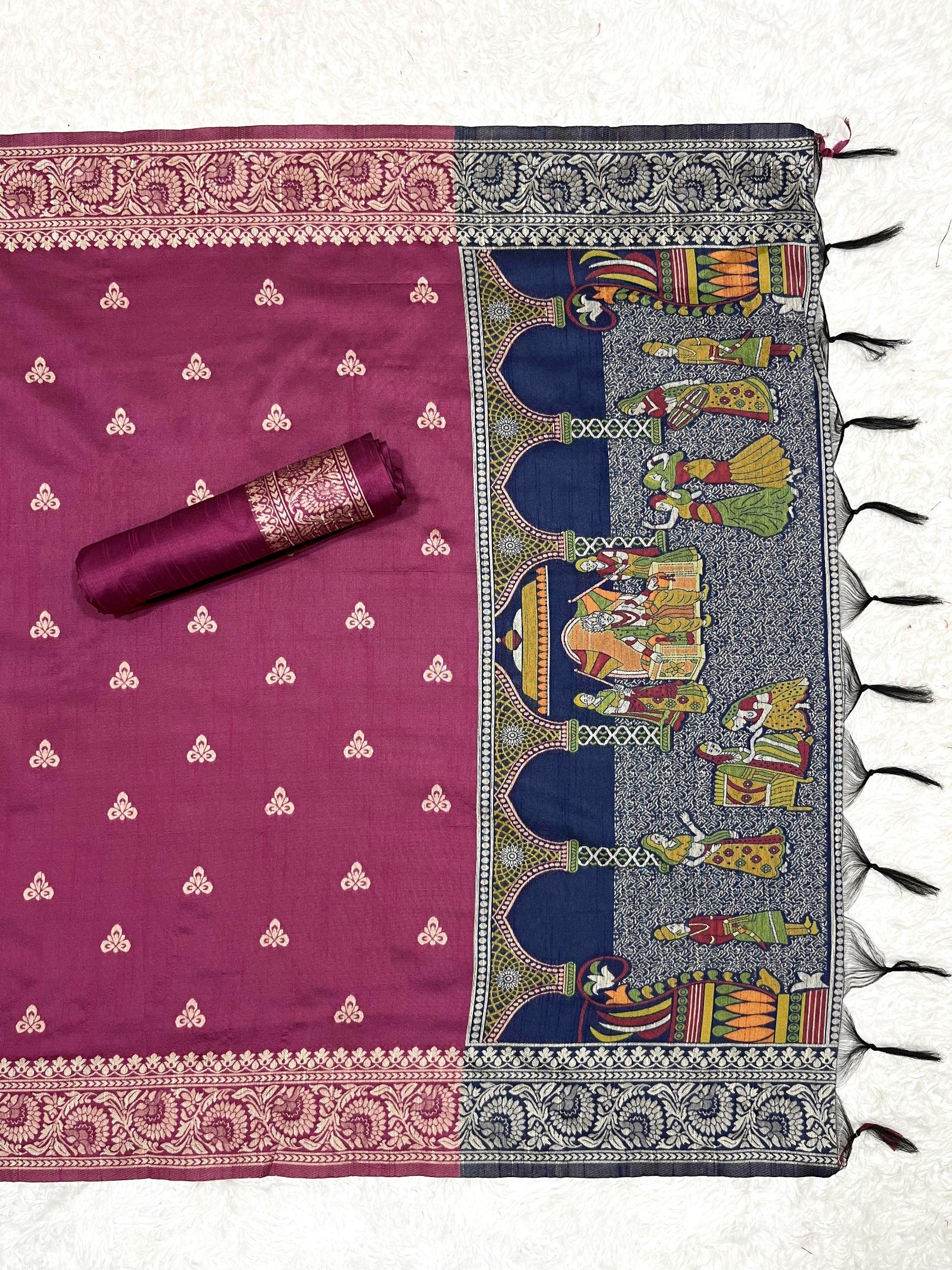 Blue Handloom Raw Silk Warli Work With Contrast Daman Dupatta Dress Material