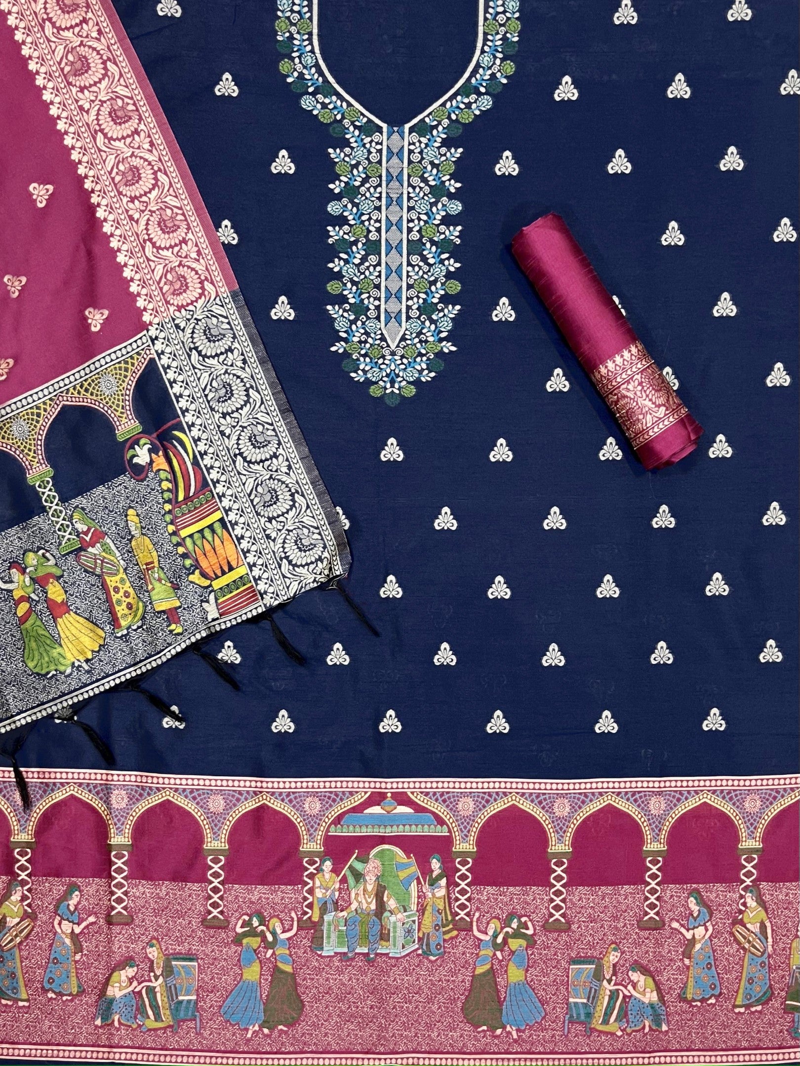 Blue Handloom Raw Silk Warli Work With Contrast Daman Dupatta Dress Material