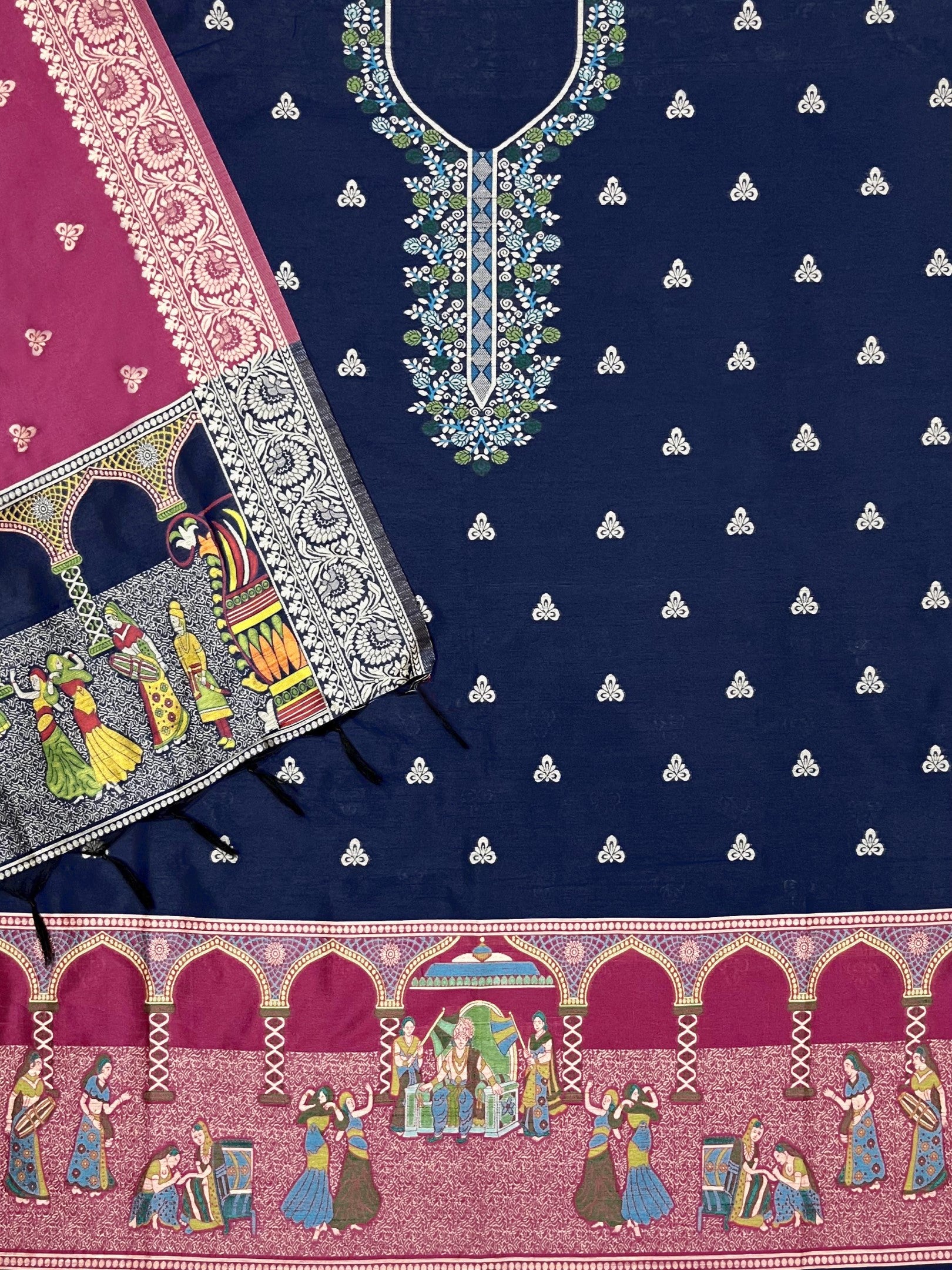 Blue Handloom Raw Silk Warli Work With Contrast Daman Dupatta Dress Material