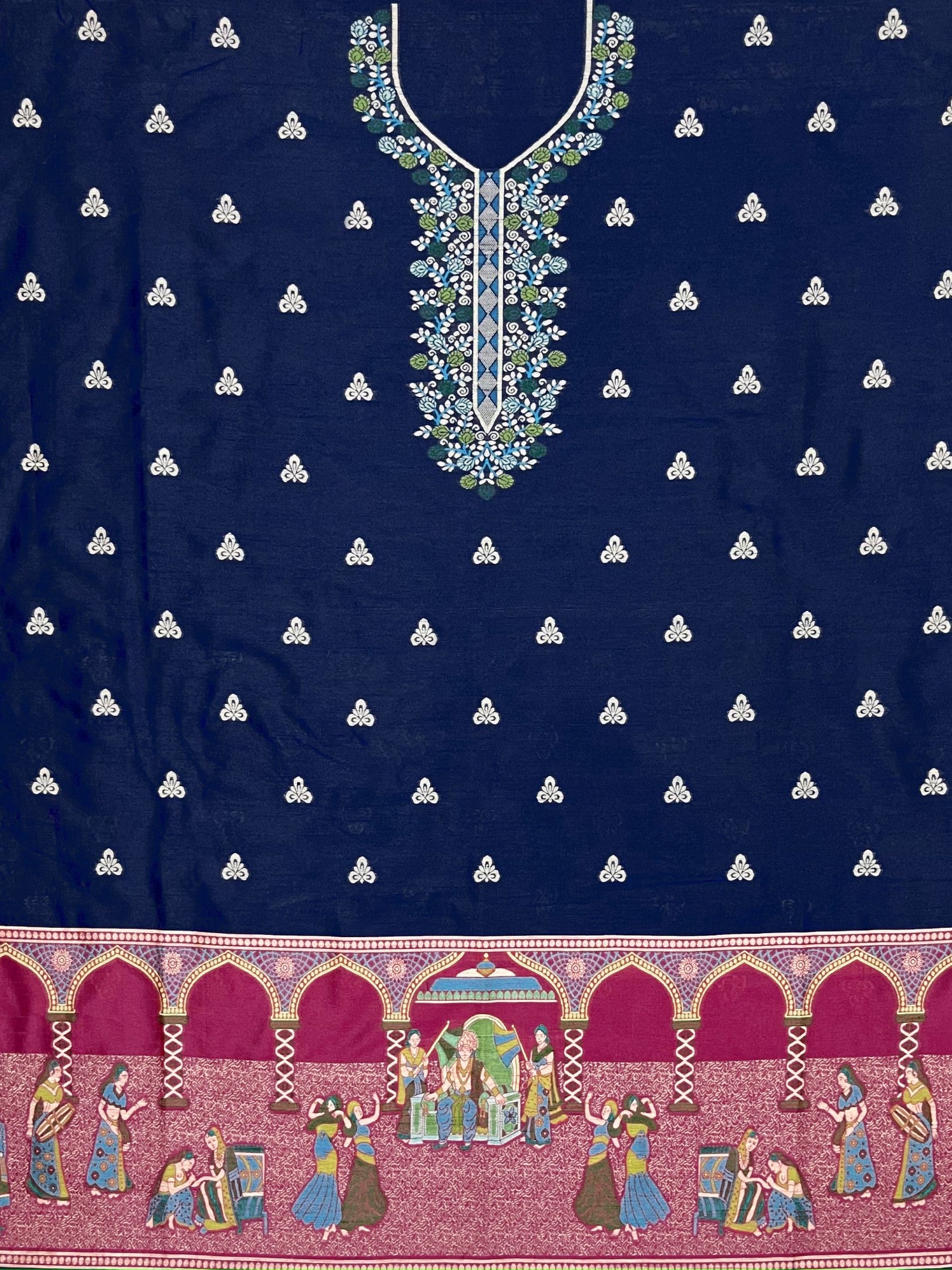 Blue Handloom Raw Silk Warli Work With Contrast Daman Dupatta Dress Material