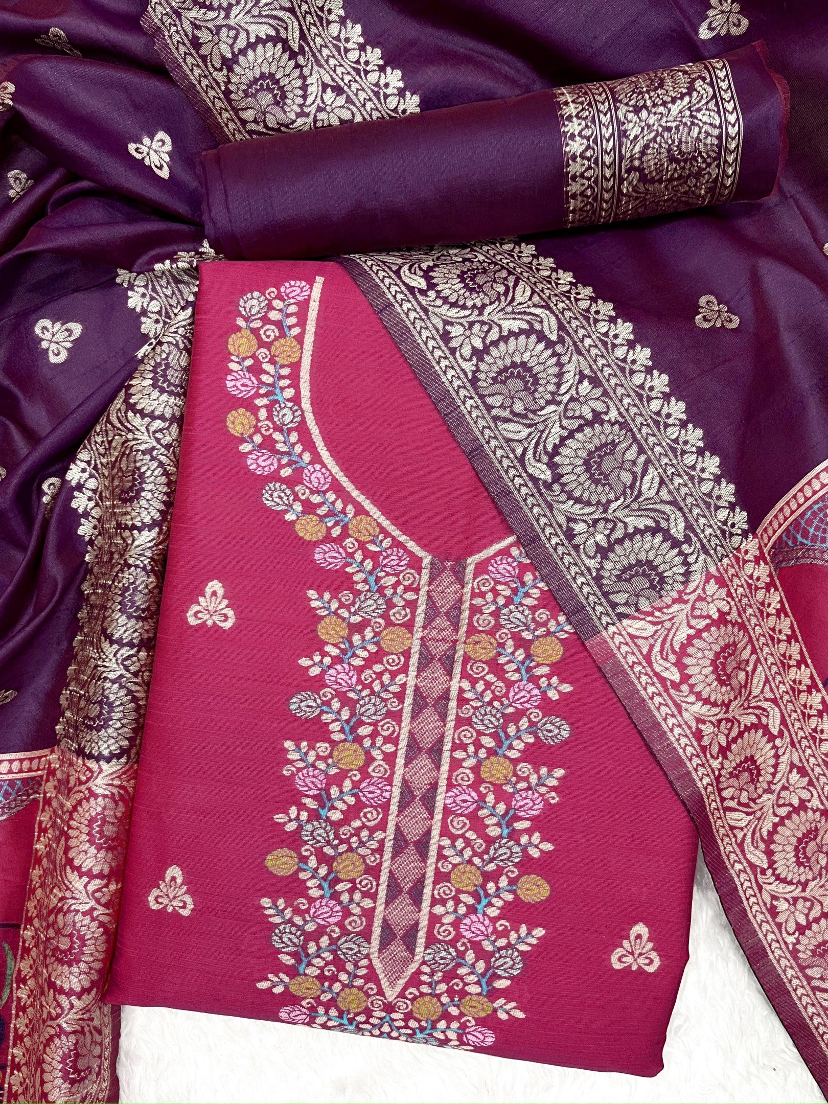 Pink Handloom Raw Silk Warli Work With Contrast Daman Dupatta Dress Material