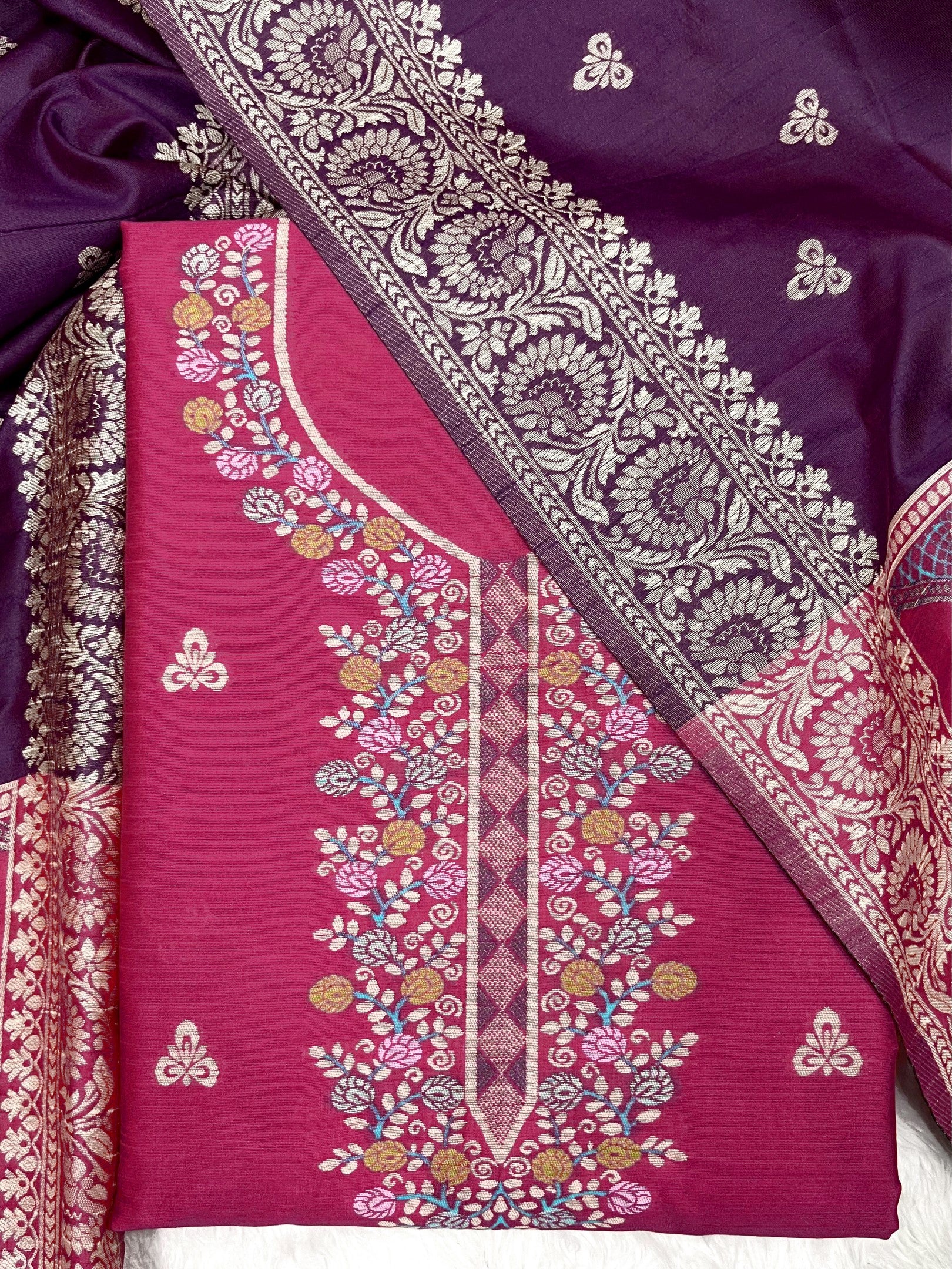 Pink Handloom Raw Silk Warli Work With Contrast Daman Dupatta Dress Material
