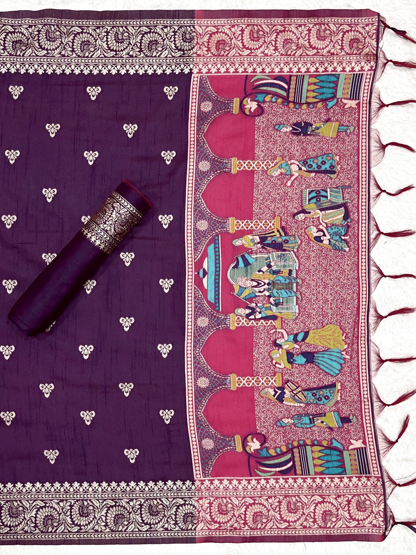 Pink Handloom Raw Silk Warli Work With Contrast Daman Dupatta Dress Material