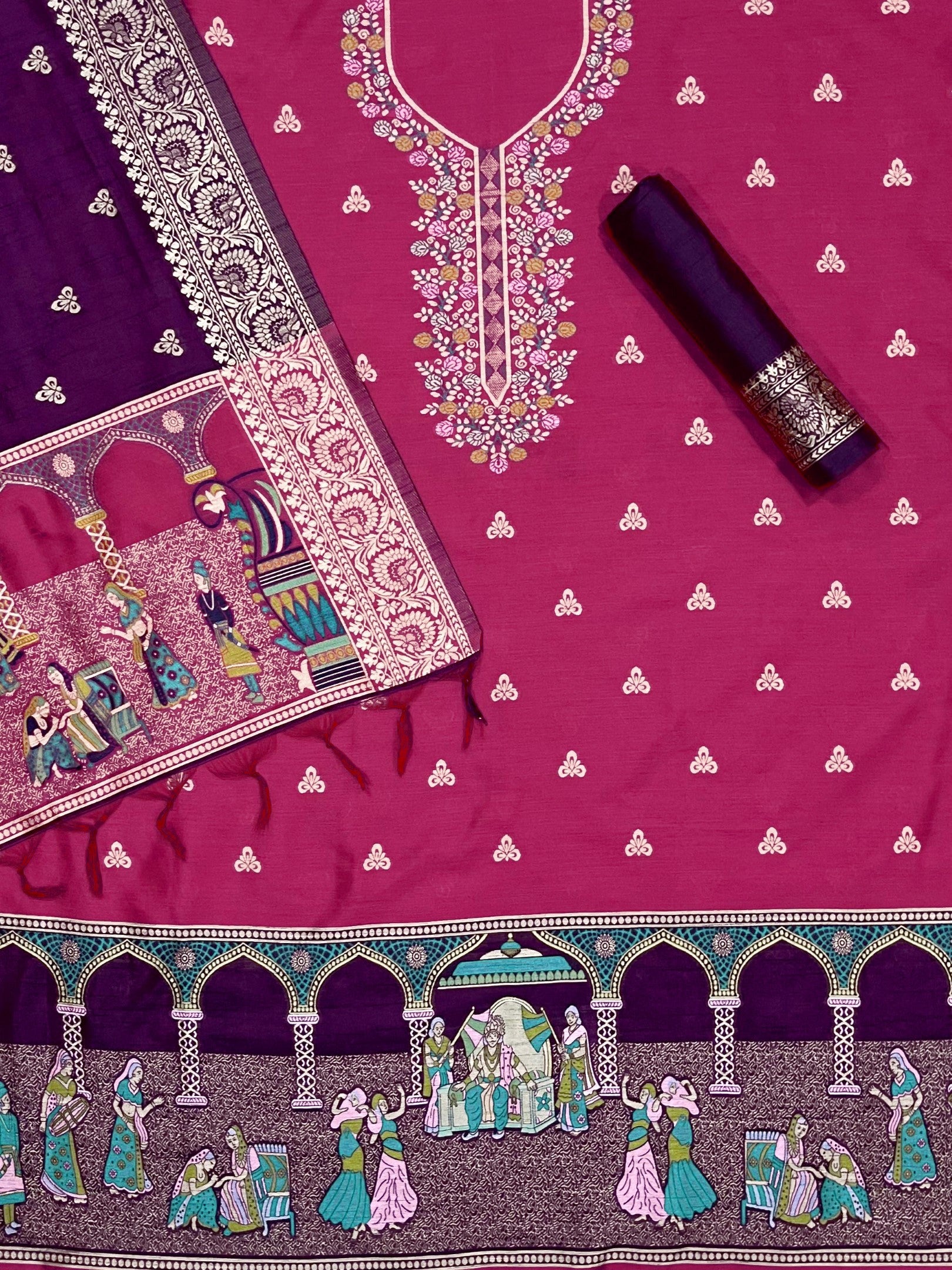 Pink Handloom Raw Silk Warli Work With Contrast Daman Dupatta Dress Material
