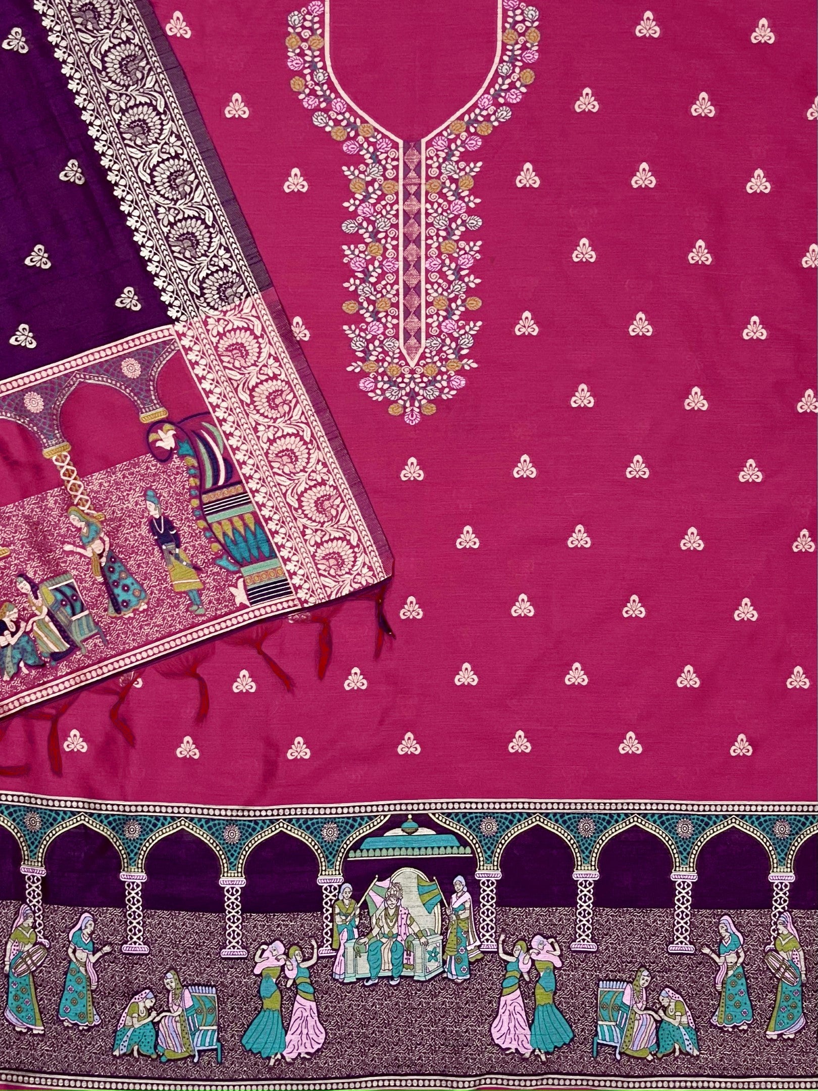 Pink Handloom Raw Silk Warli Work With Contrast Daman Dupatta Dress Material