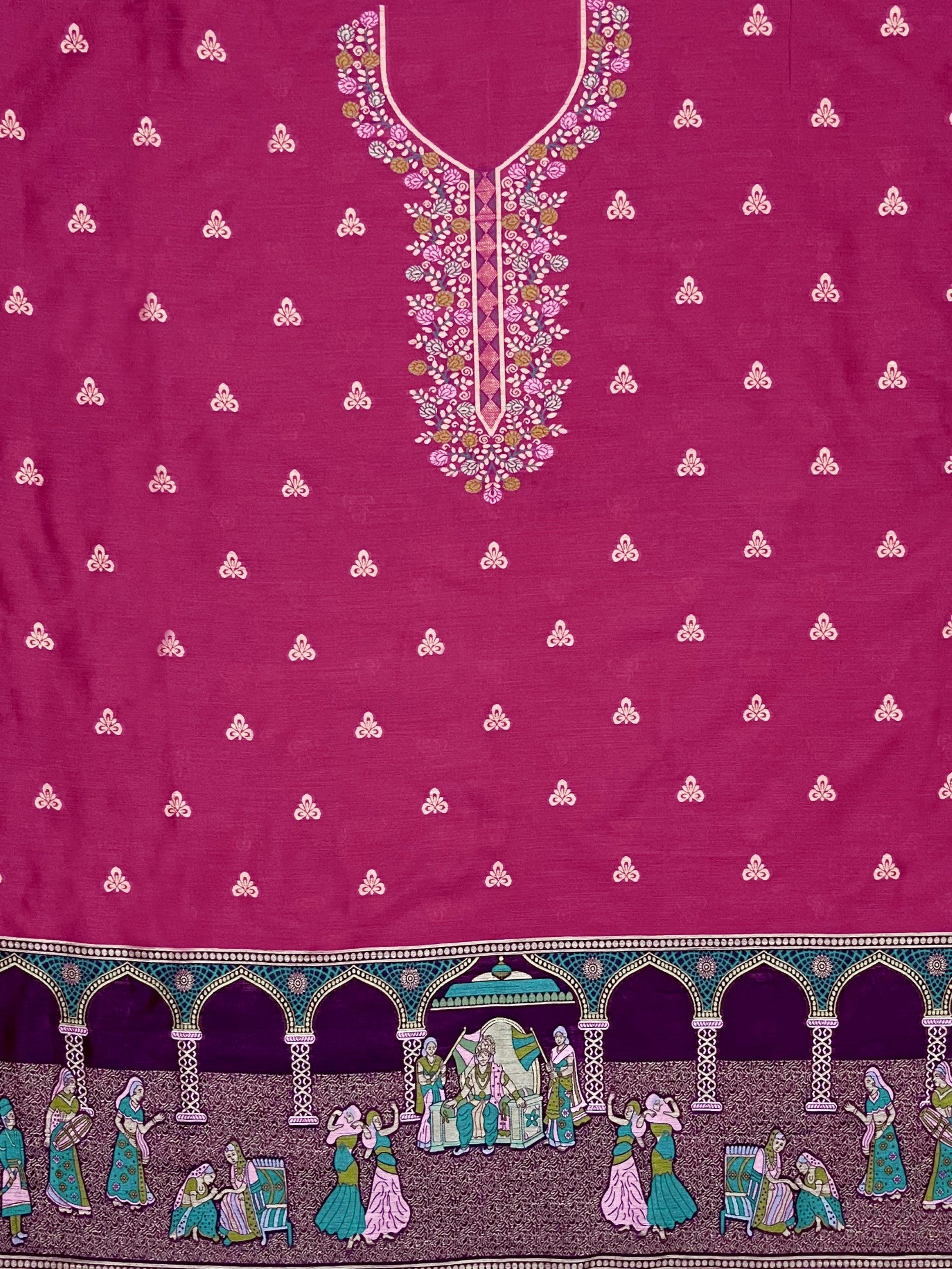 Pink Handloom Raw Silk Warli Work With Contrast Daman Dupatta Dress Material