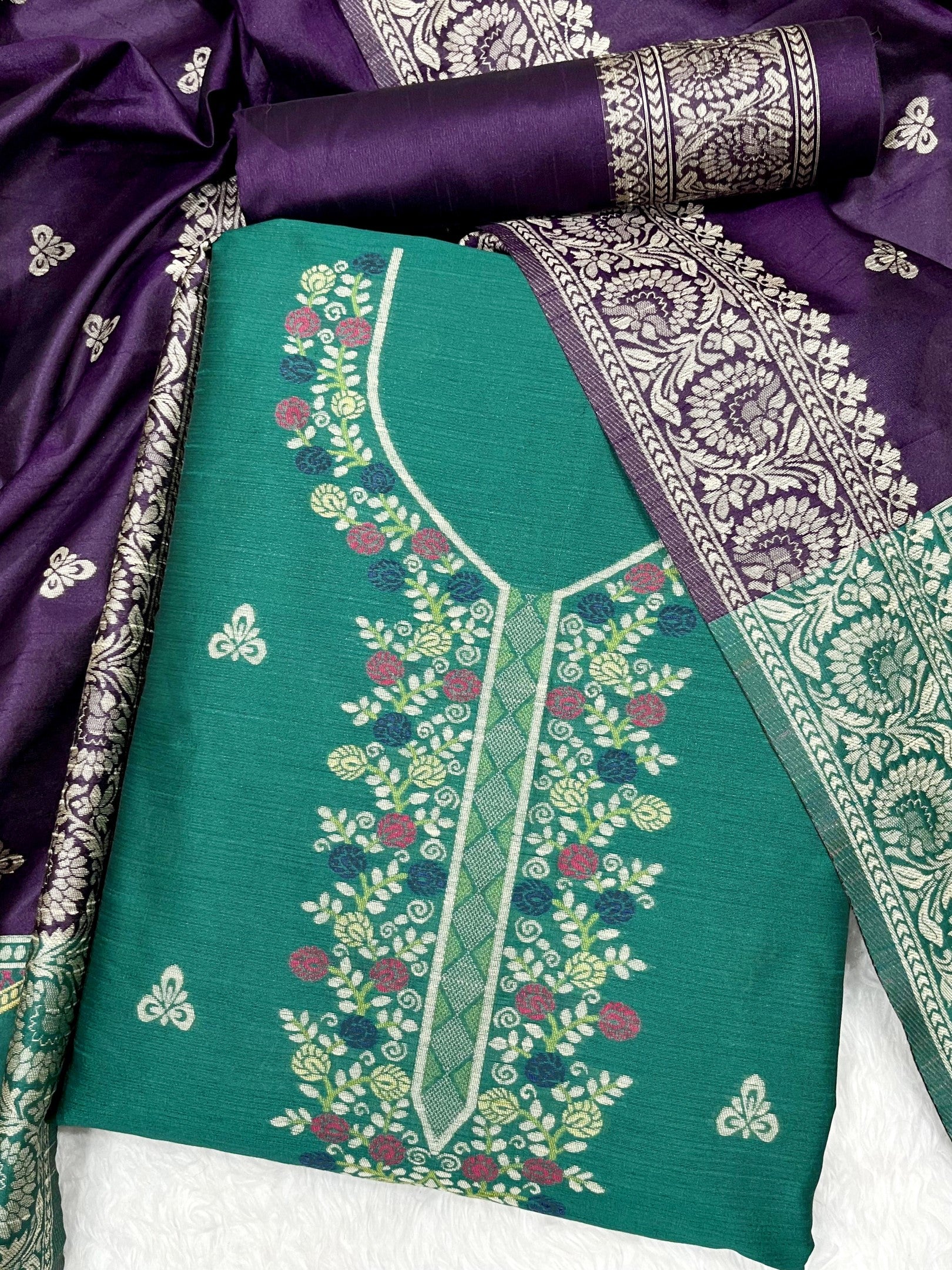 Firozi Handloom Raw Silk Warli Work With Contrast Daman Dupatta Dress Material