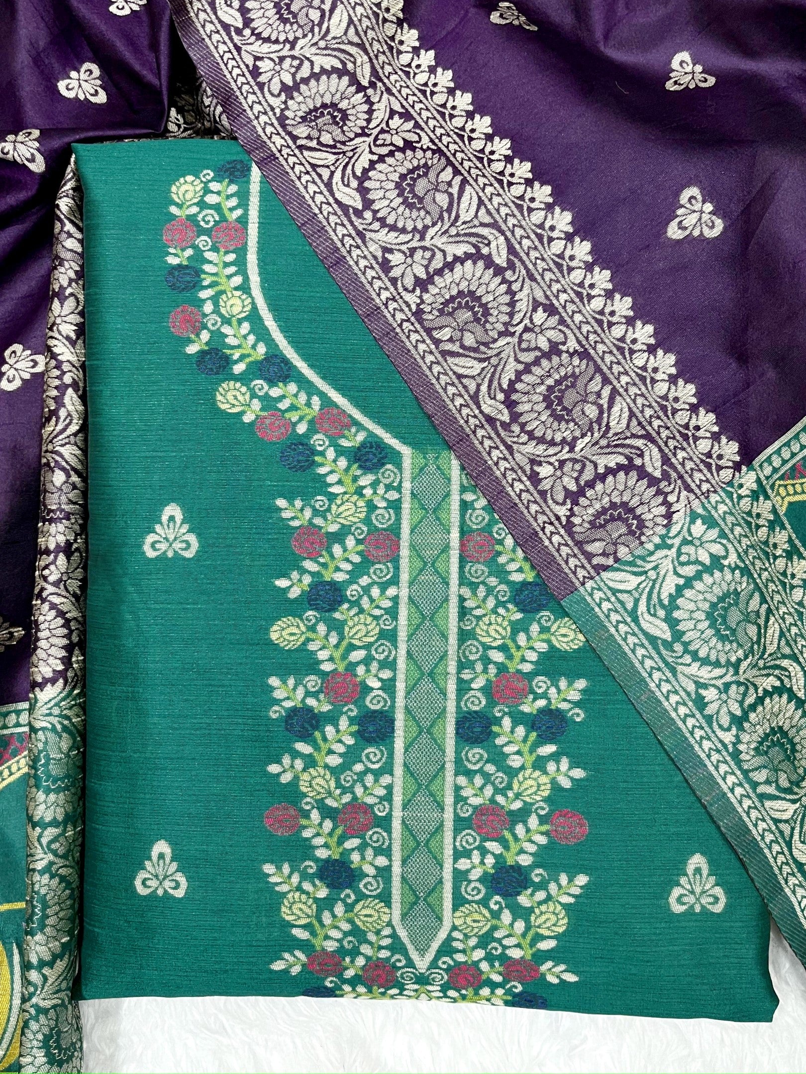 Firozi Handloom Raw Silk Warli Work With Contrast Daman Dupatta Dress Material
