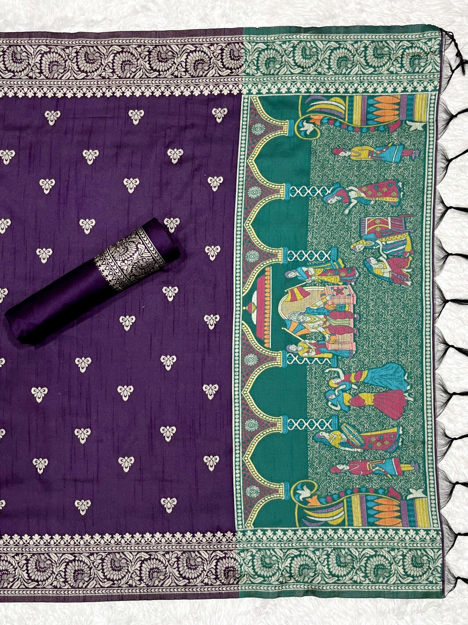 Firozi Handloom Raw Silk Warli Work With Contrast Daman Dupatta Dress Material