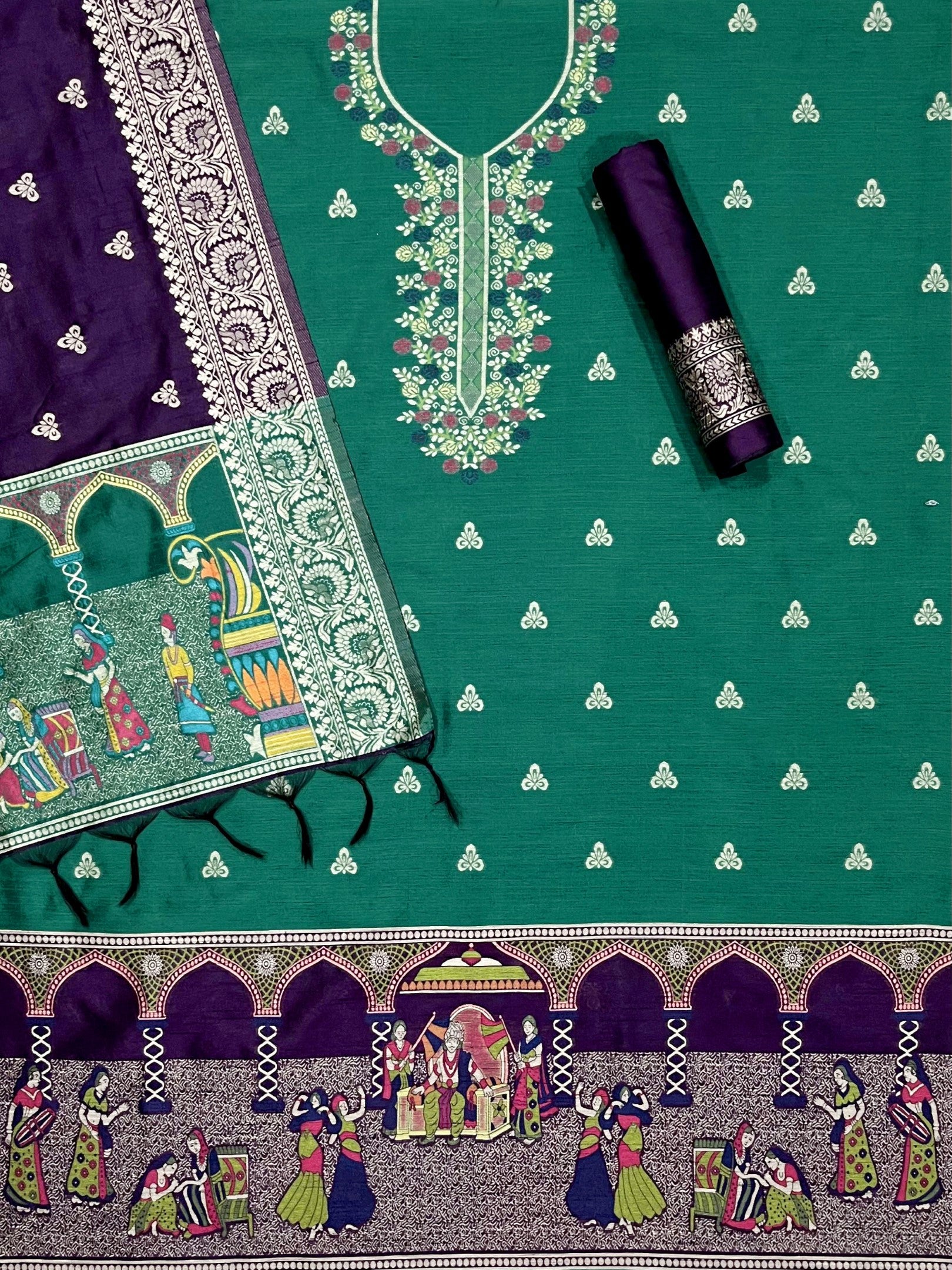 Firozi Handloom Raw Silk Warli Work With Contrast Daman Dupatta Dress Material