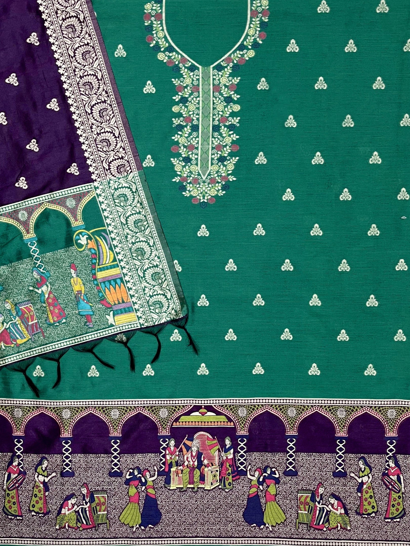 Firozi Handloom Raw Silk Warli Work With Contrast Daman Dupatta Dress Material