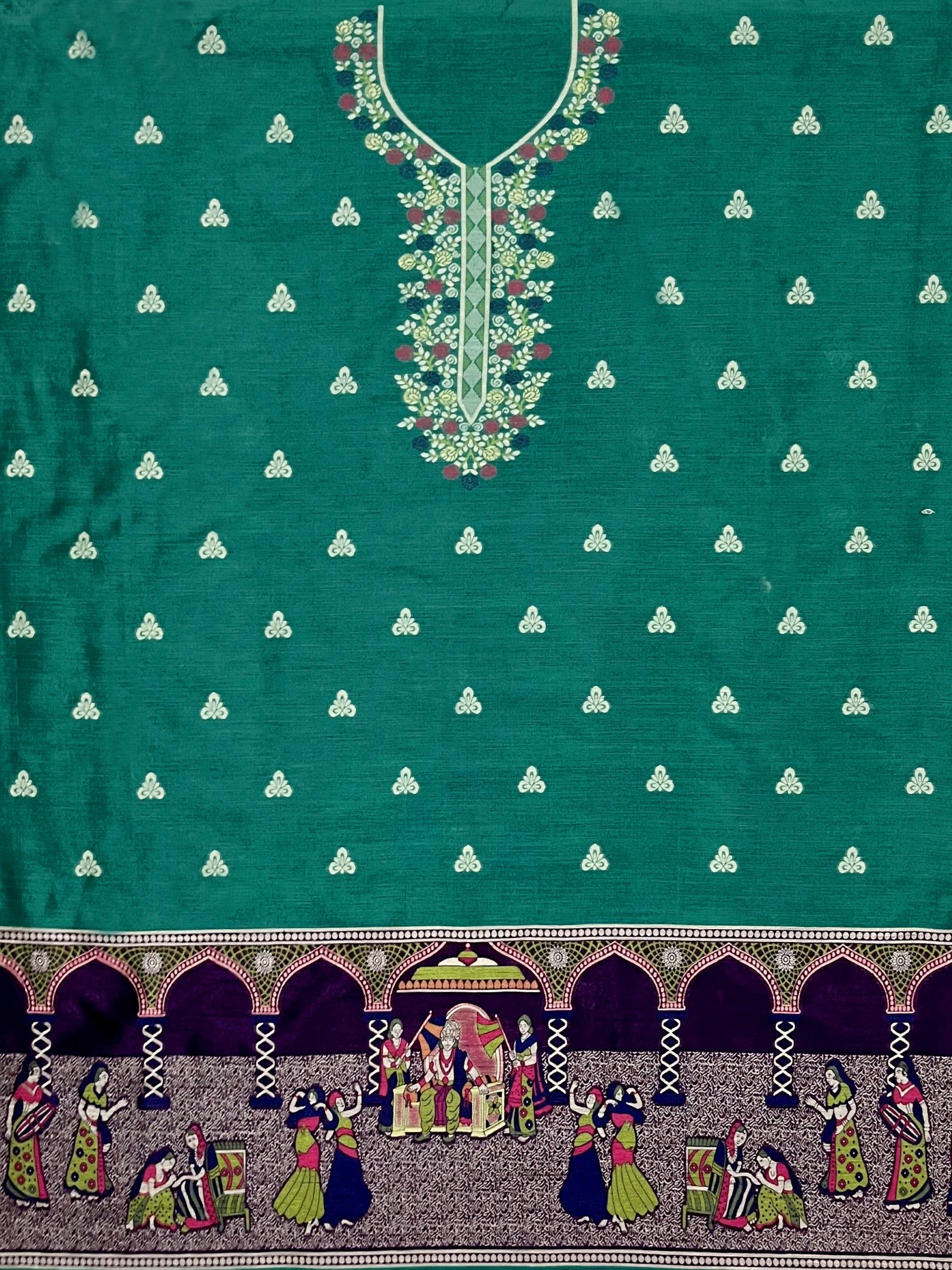 Firozi Handloom Raw Silk Warli Work With Contrast Daman Dupatta Dress Material