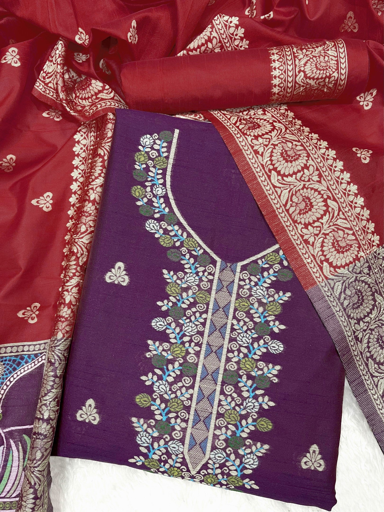 Wine Handloom Raw Silk Warli Work With Contrast Daman Dupatta Dress Material