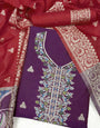 Wine Handloom Raw Silk Warli Work With Contrast Daman Dupatta Dress Material
