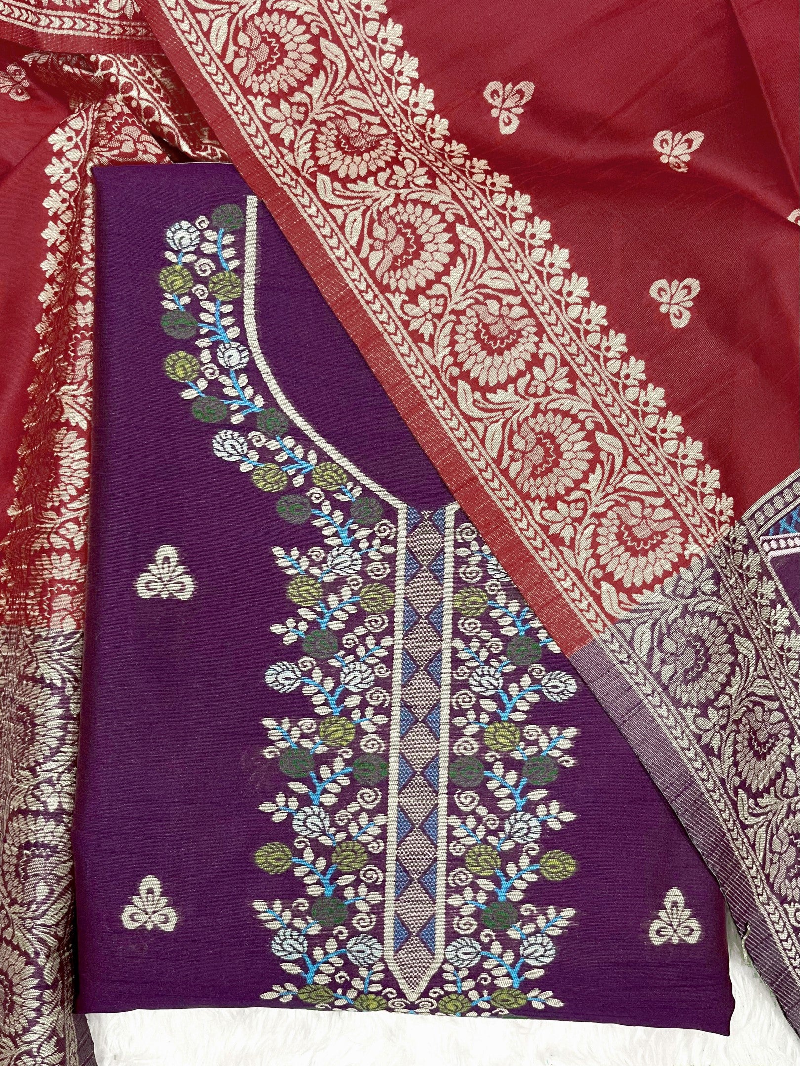 Wine Handloom Raw Silk Warli Work With Contrast Daman Dupatta Dress Material