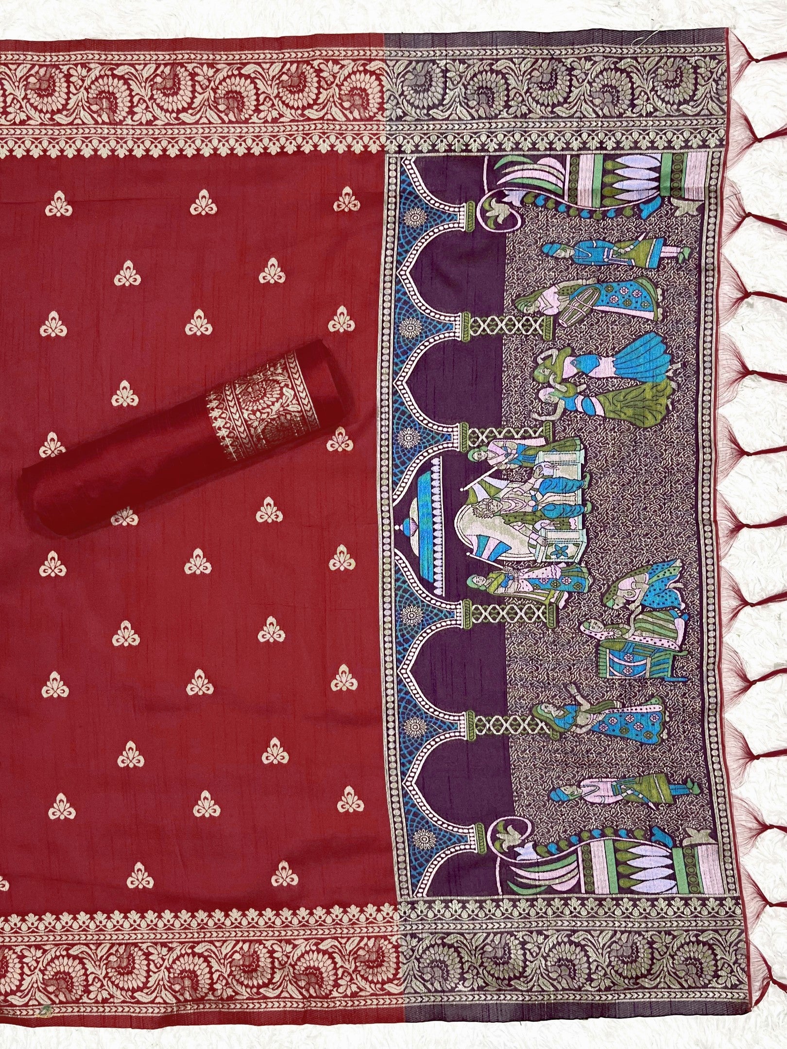 Wine Handloom Raw Silk Warli Work With Contrast Daman Dupatta Dress Material