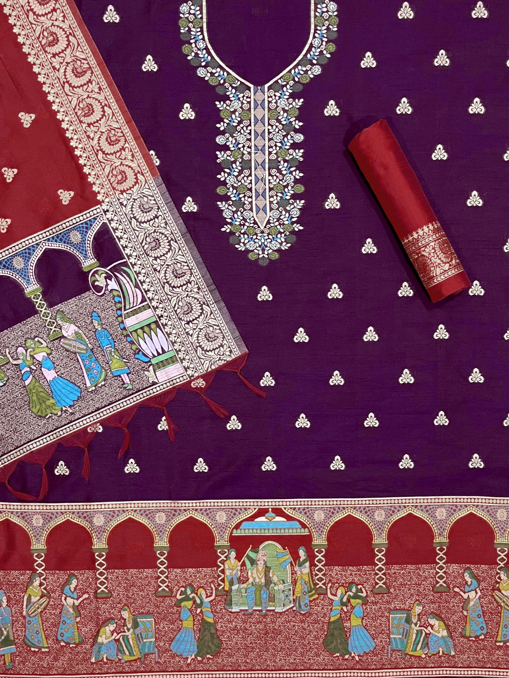 Wine Handloom Raw Silk Warli Work With Contrast Daman Dupatta Dress Material