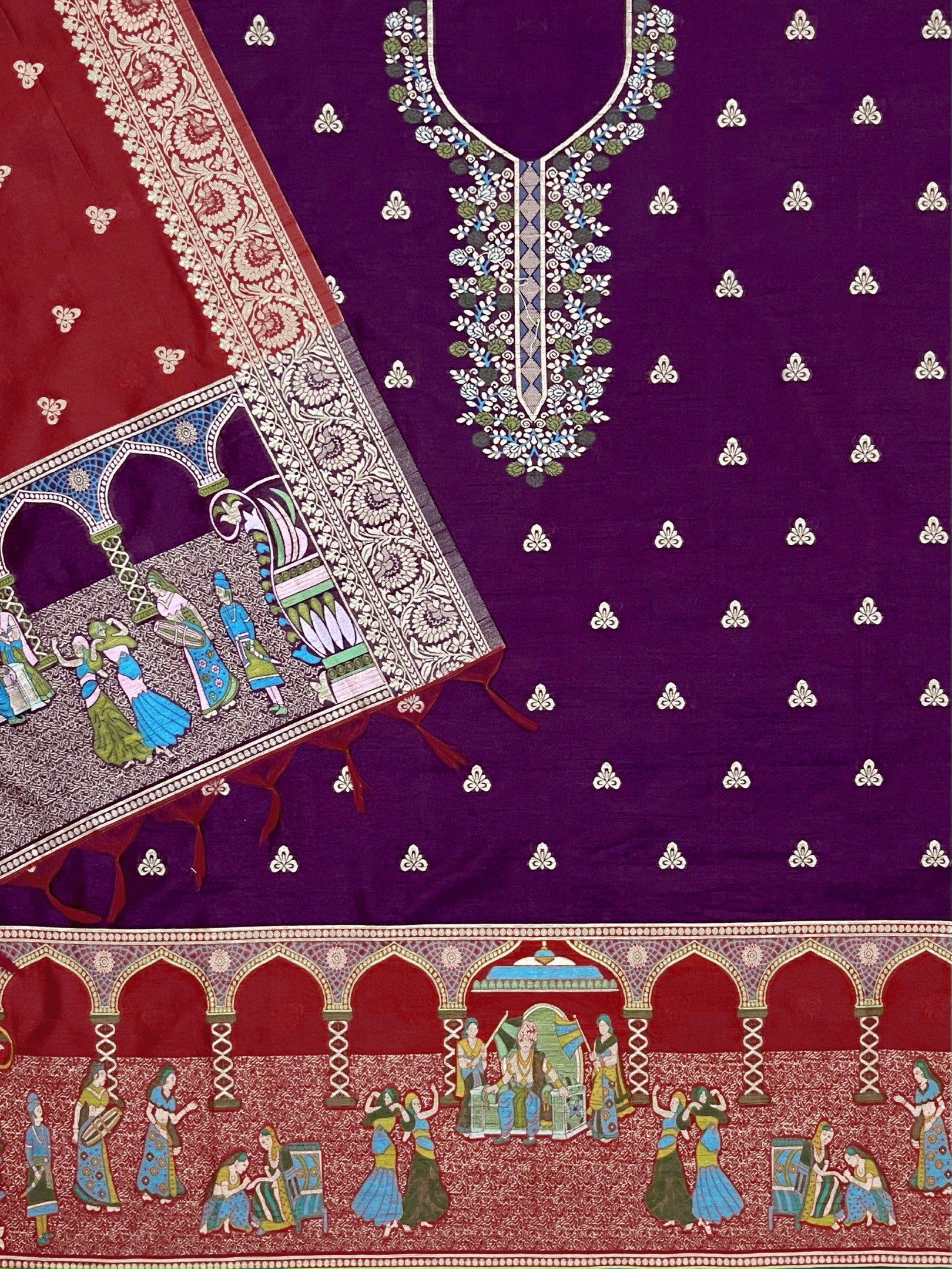 Wine Handloom Raw Silk Warli Work With Contrast Daman Dupatta Dress Material