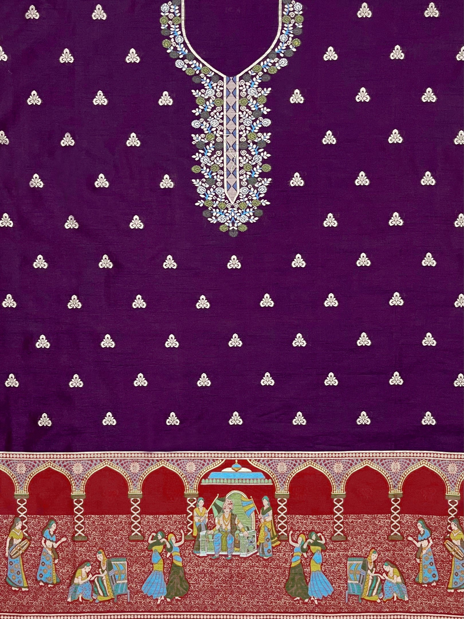 Wine Handloom Raw Silk Warli Work With Contrast Daman Dupatta Dress Material