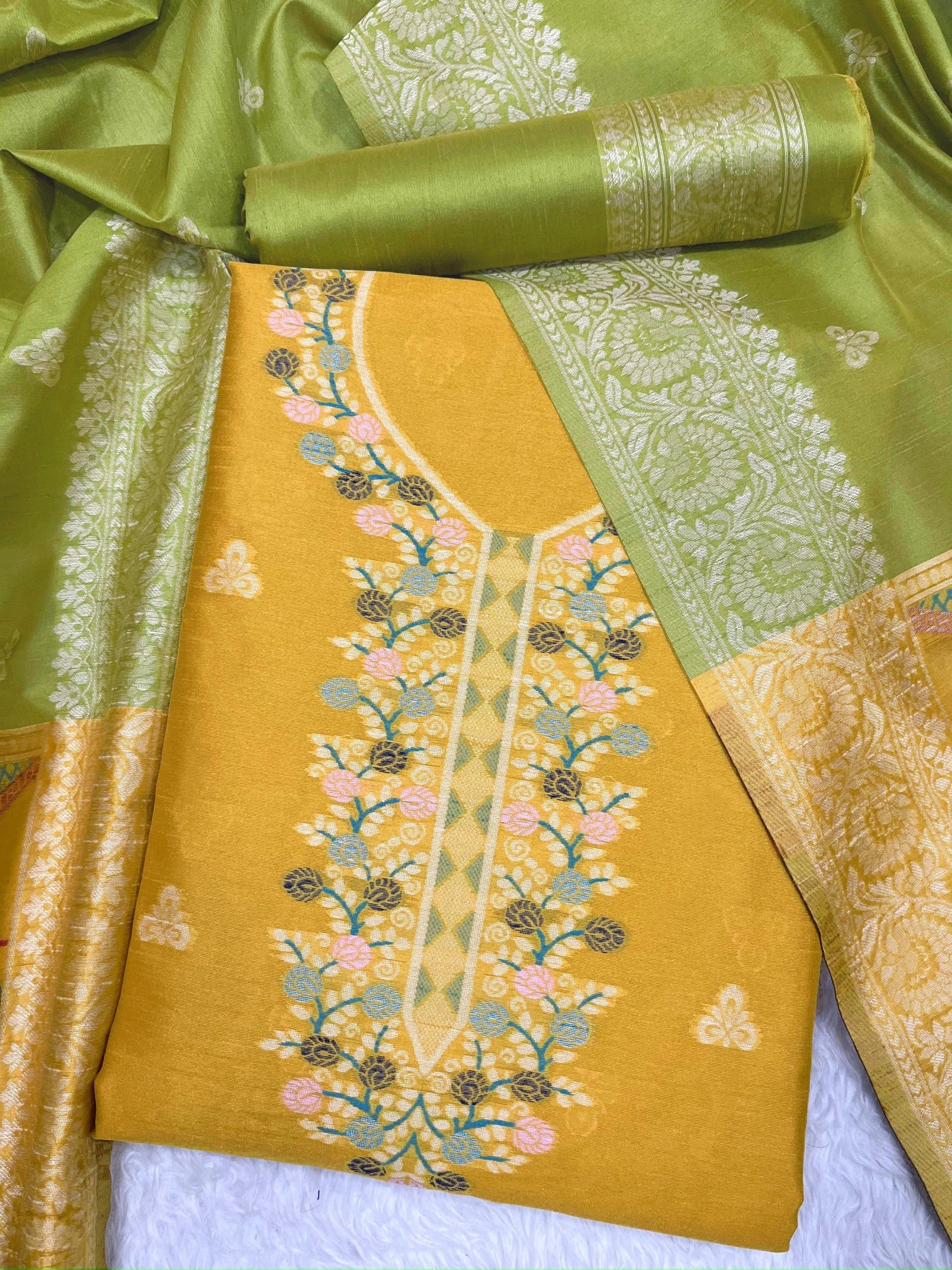 Yellow Handloom Raw Silk Warli Work With Contrast Daman Dupatta Dress Material
