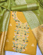 Yellow Handloom Raw Silk Warli Work With Contrast Daman Dupatta Dress Material