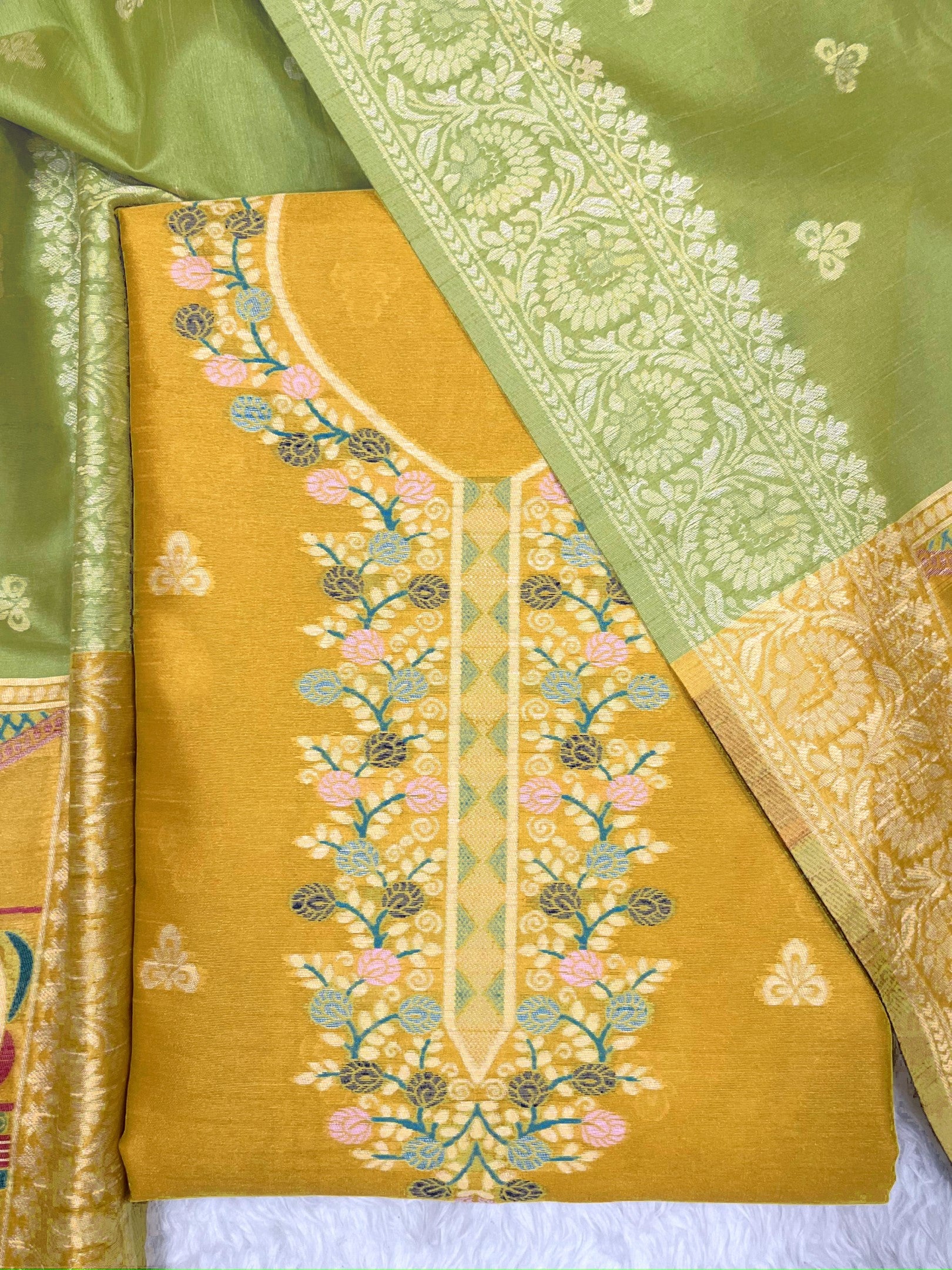 Yellow Handloom Raw Silk Warli Work With Contrast Daman Dupatta Dress Material
