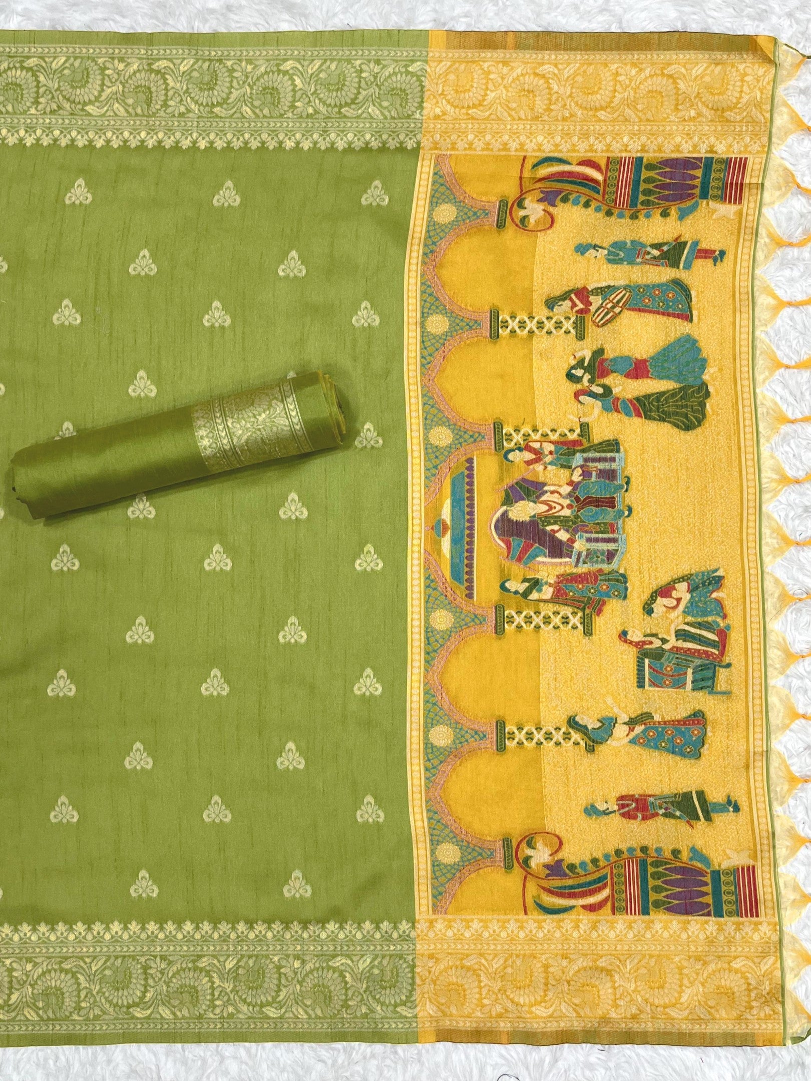 Yellow Handloom Raw Silk Warli Work With Contrast Daman Dupatta Dress Material