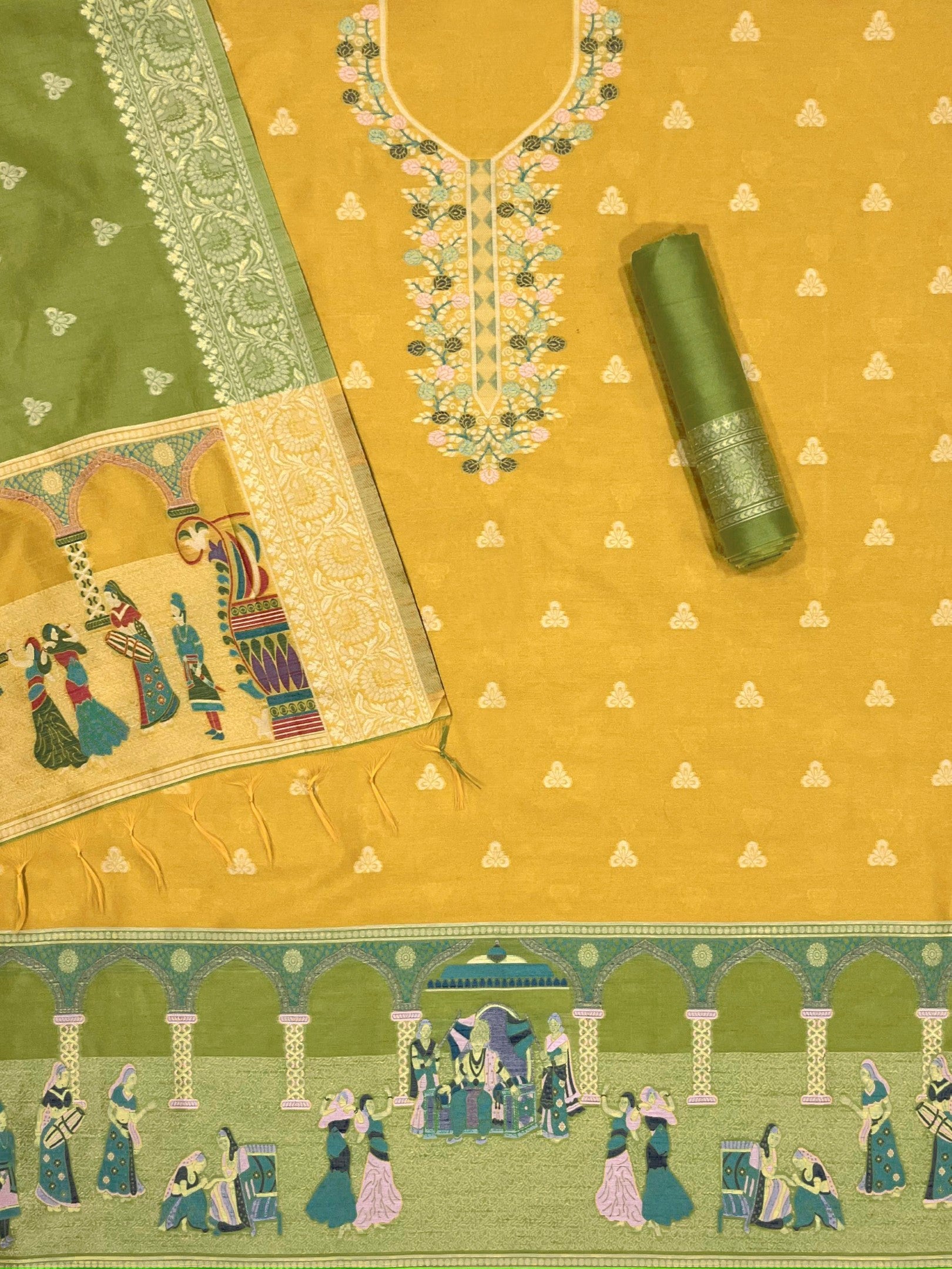 Yellow Handloom Raw Silk Warli Work With Contrast Daman Dupatta Dress Material