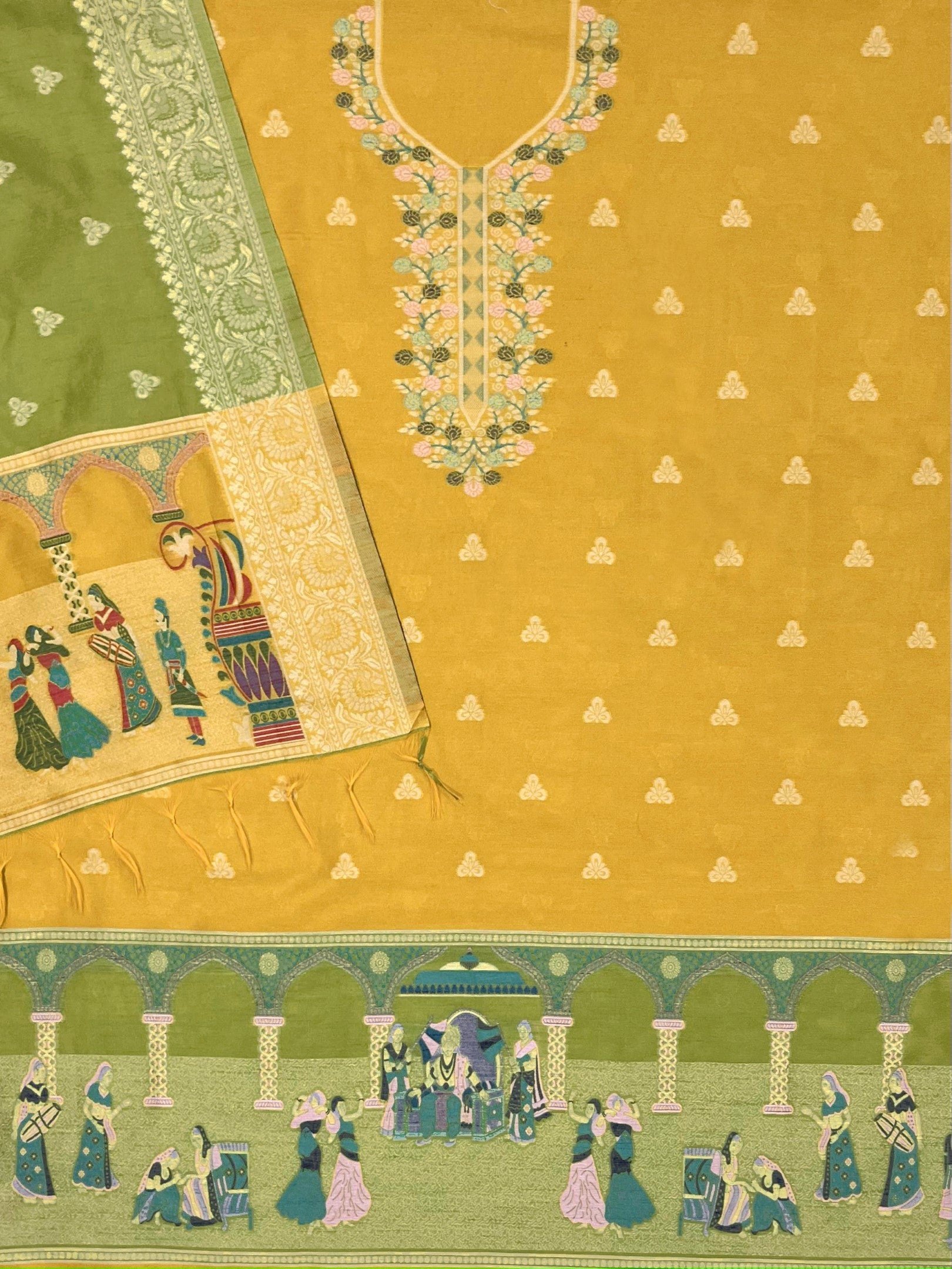 Yellow Handloom Raw Silk Warli Work With Contrast Daman Dupatta Dress Material