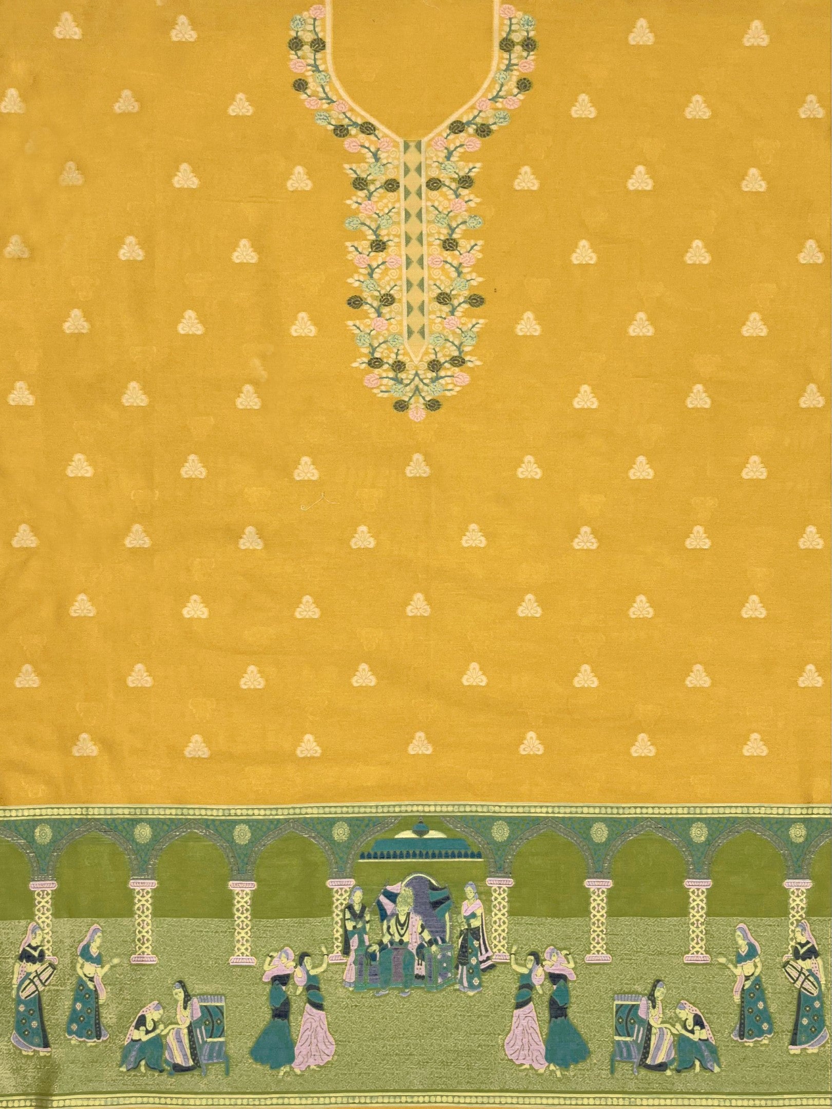 Yellow Handloom Raw Silk Warli Work With Contrast Daman Dupatta Dress Material