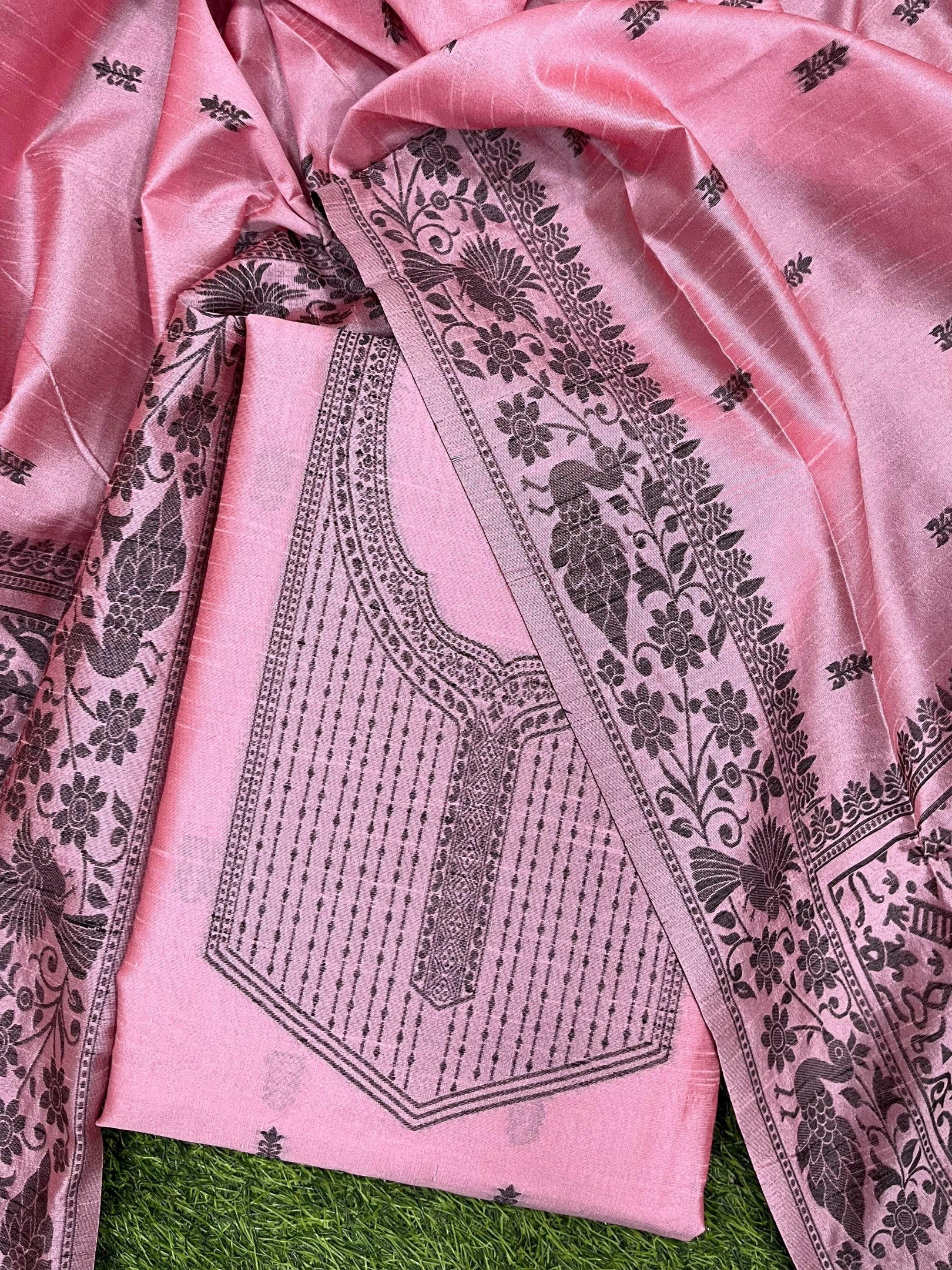 Rose Handloom Raw Silk Warli Work Unstitched 3pis Dress Material