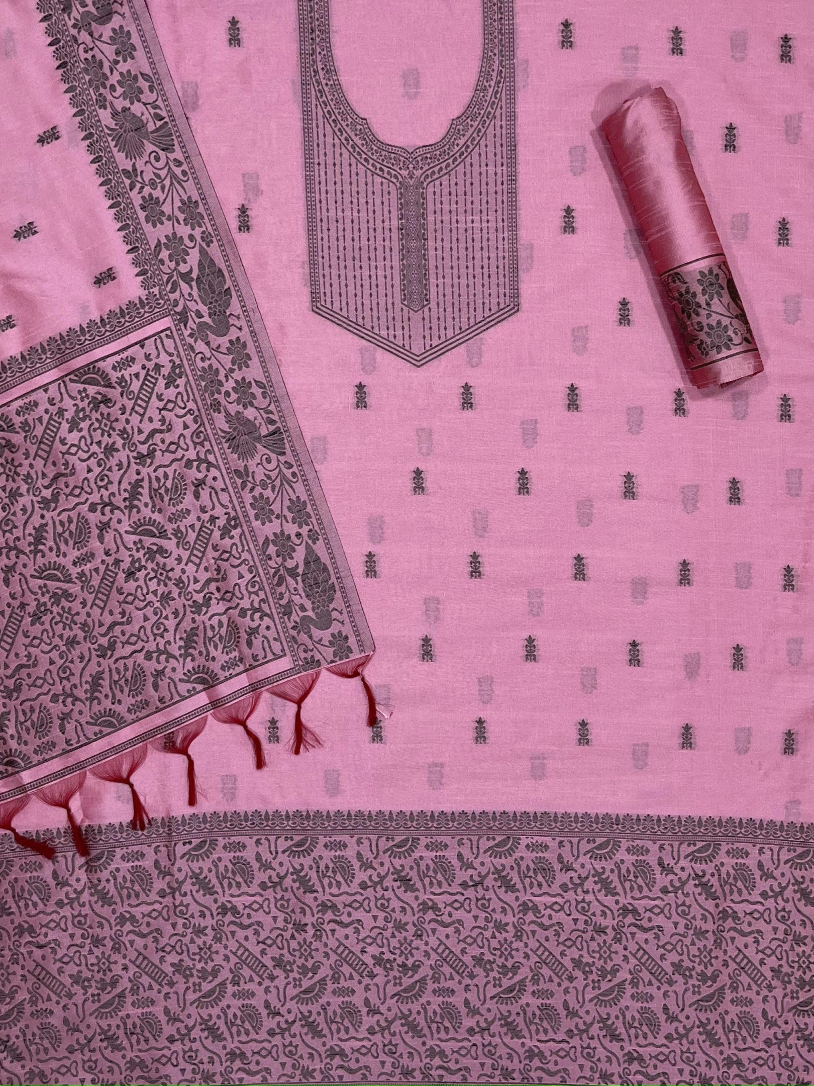 Rose Handloom Raw Silk Warli Work Unstitched 3pis Dress Material