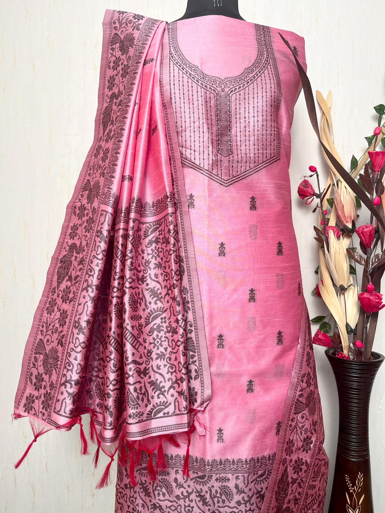 Rose Handloom Raw Silk Warli Work Unstitched 3pis Dress Material