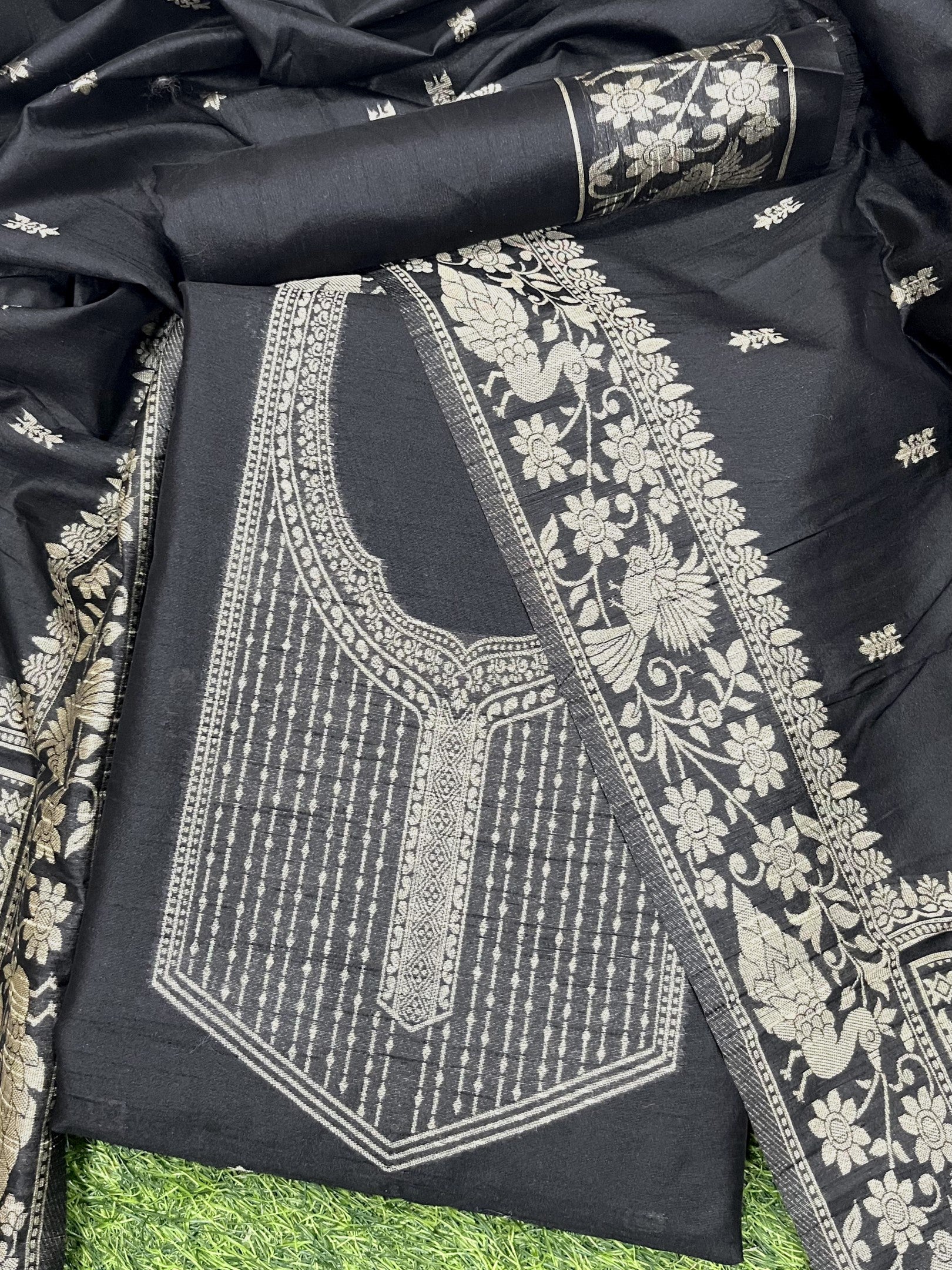 Black Handloom Raw Silk Warli Work Unstitched 3pis Dress Material