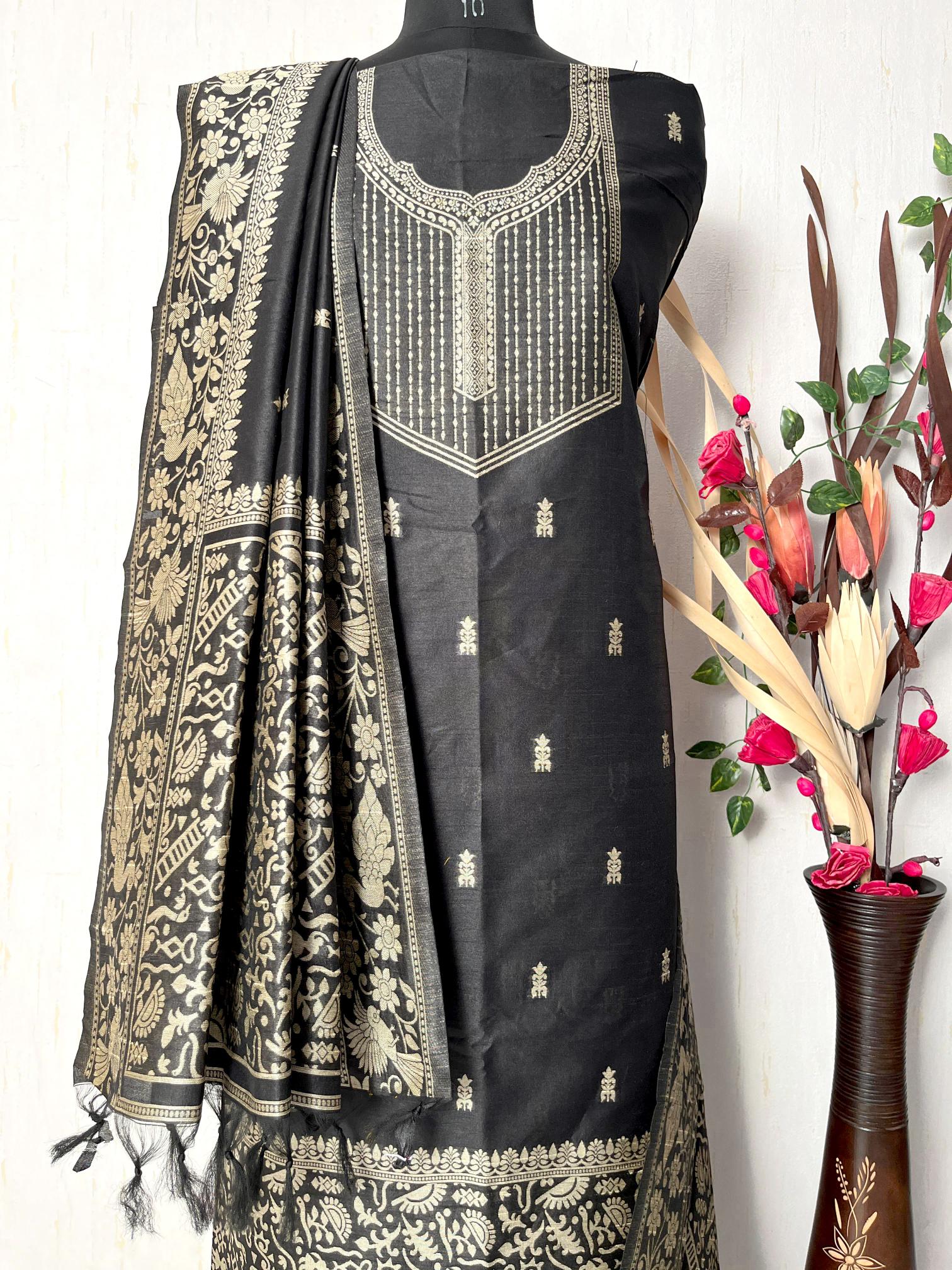 Black Handloom Raw Silk Warli Work Unstitched 3pis Dress Material