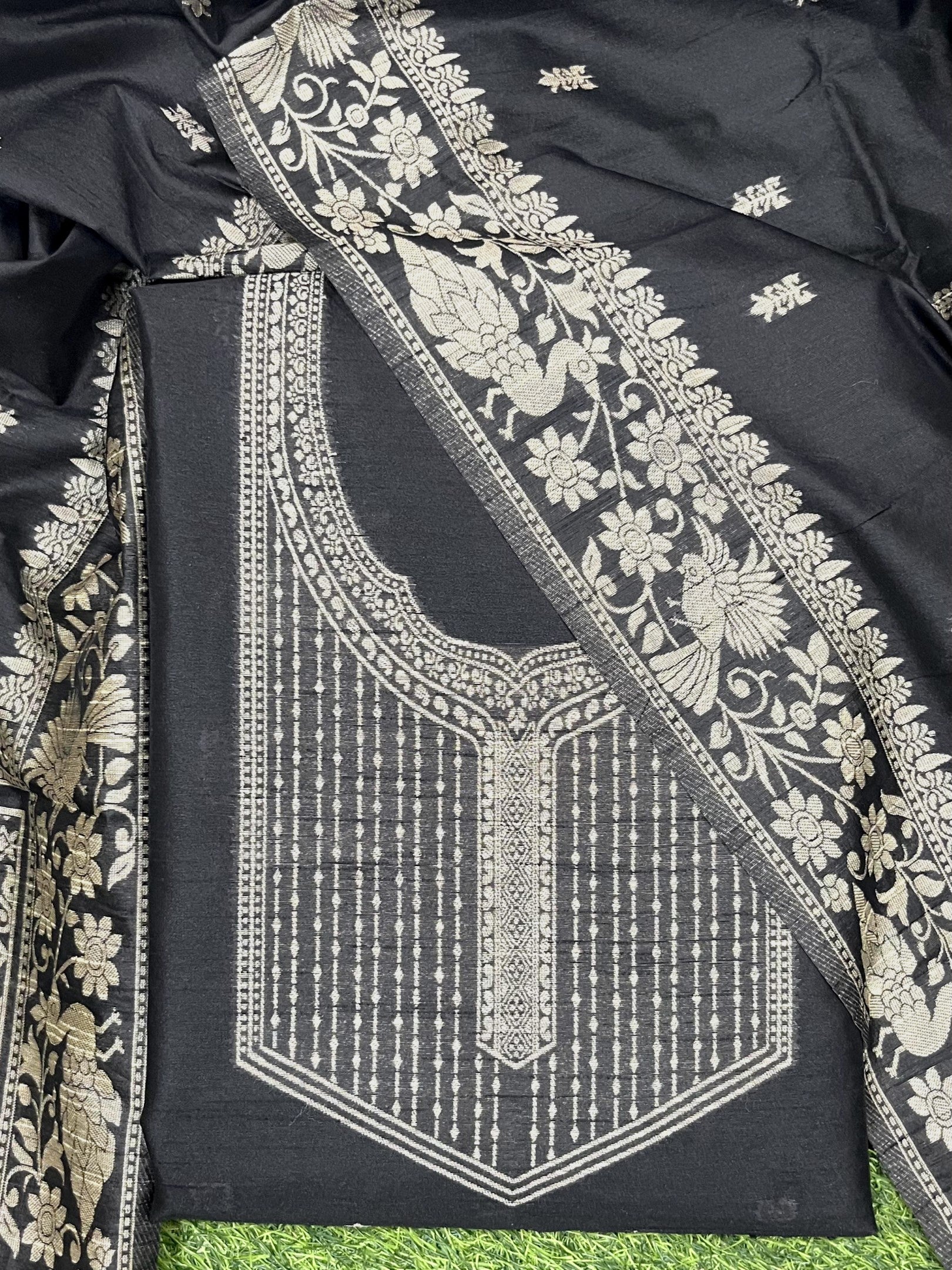 Black Handloom Raw Silk Warli Work Unstitched 3pis Dress Material