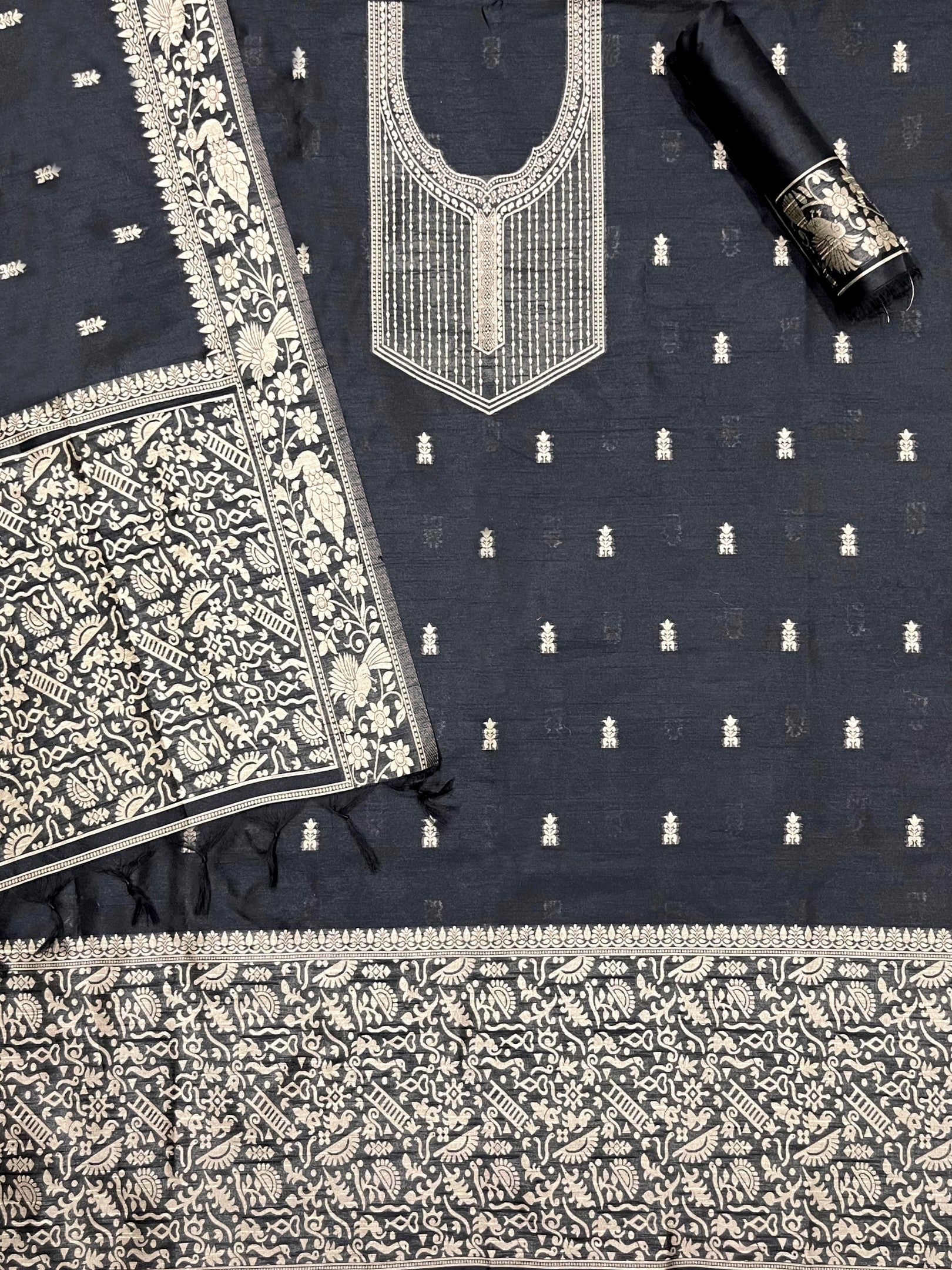 Black Handloom Raw Silk Warli Work Unstitched 3pis Dress Material