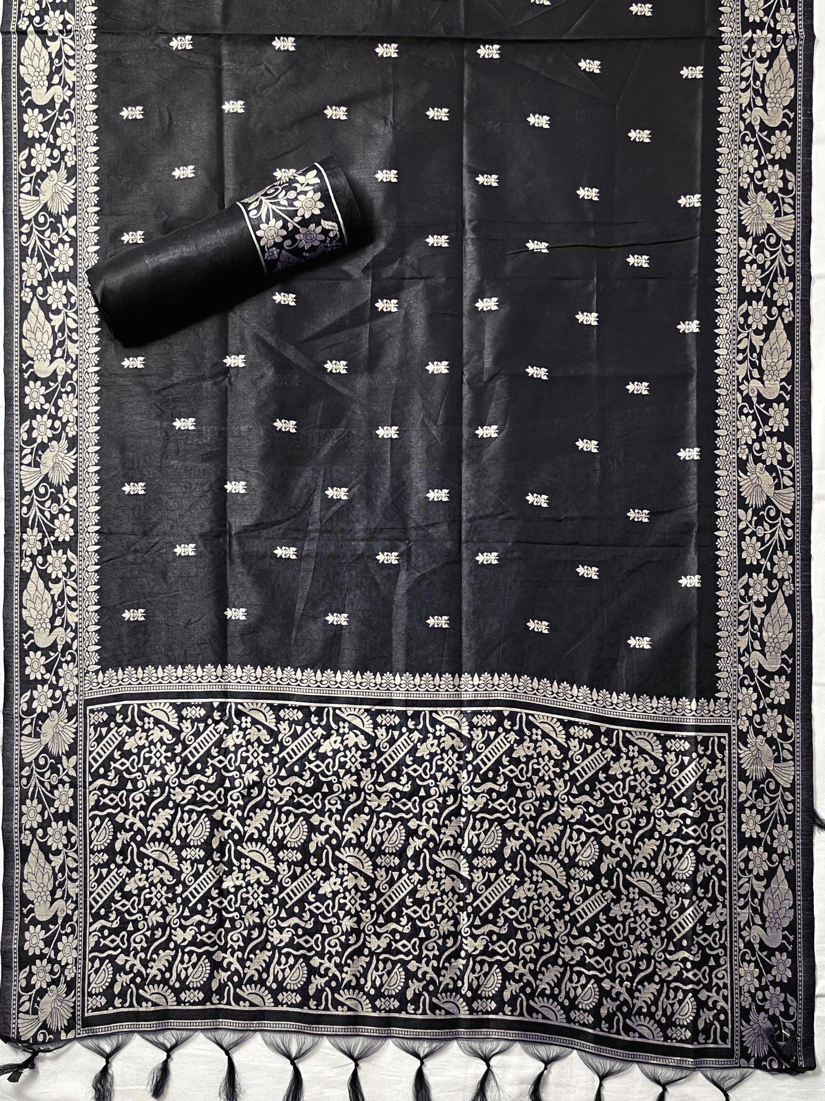 Black Handloom Raw Silk Warli Work Unstitched 3pis Dress Material