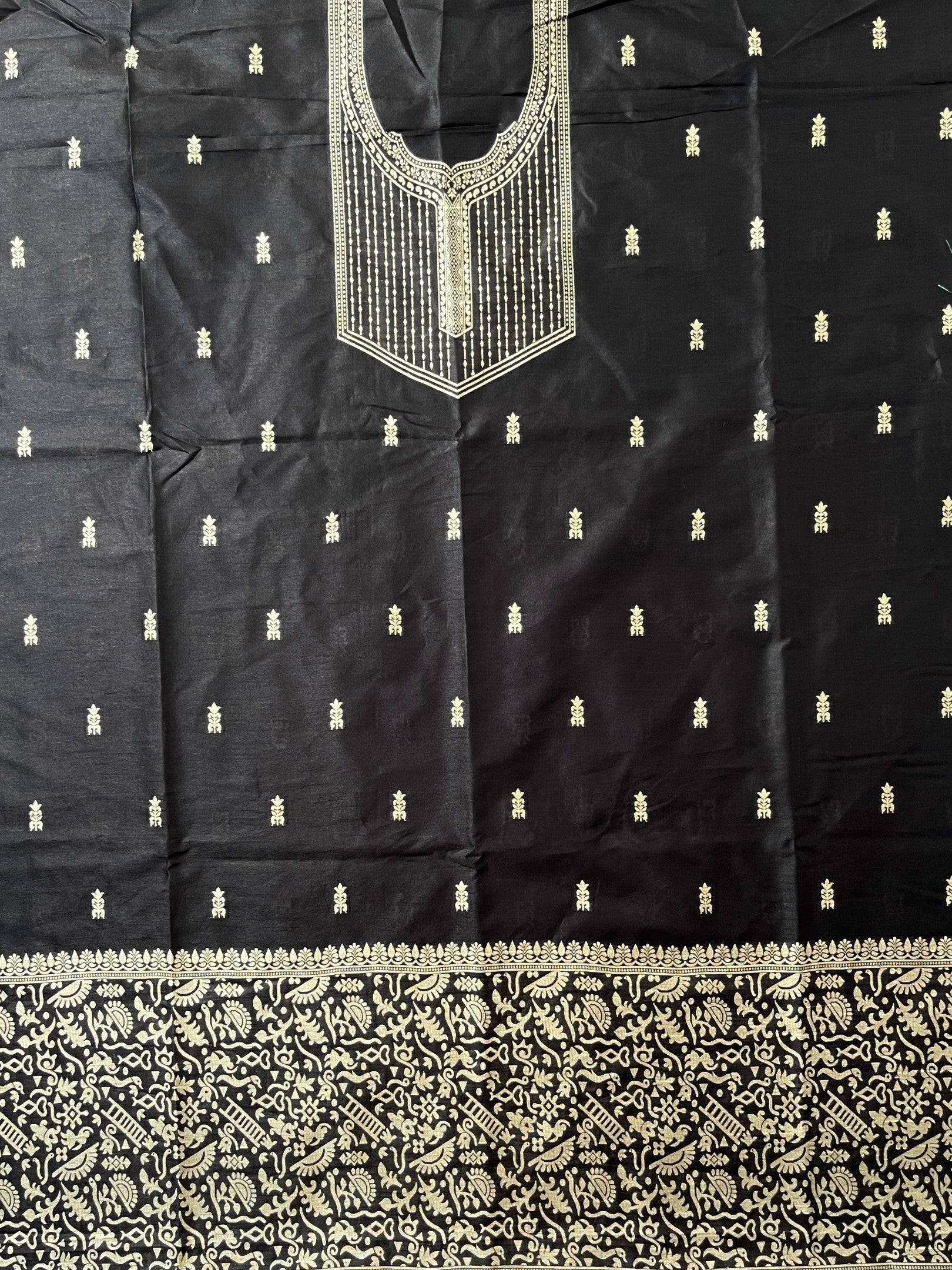 Black Handloom Raw Silk Warli Work Unstitched 3pis Dress Material