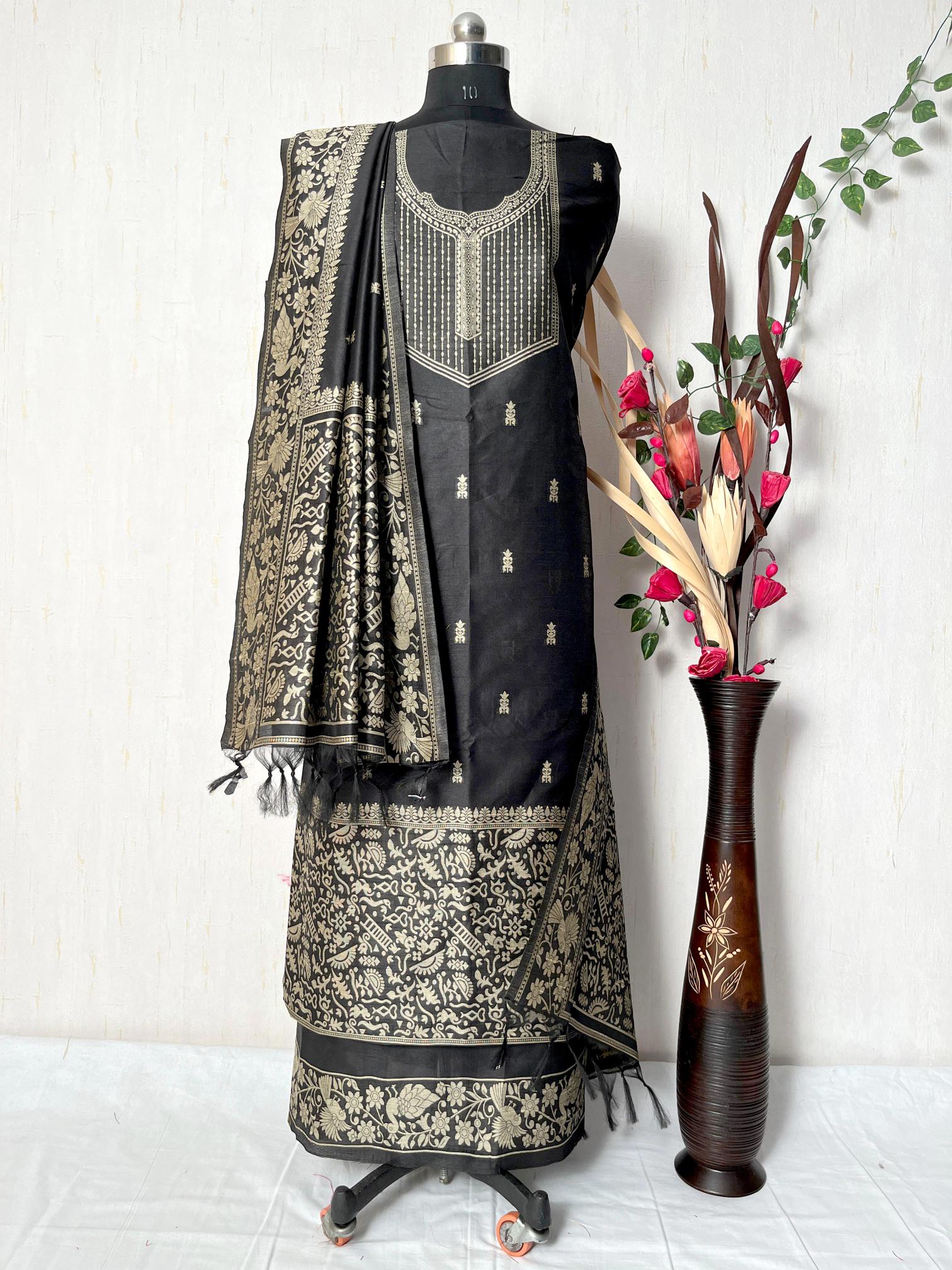 Black Handloom Raw Silk Warli Work Unstitched 3pis Dress Material