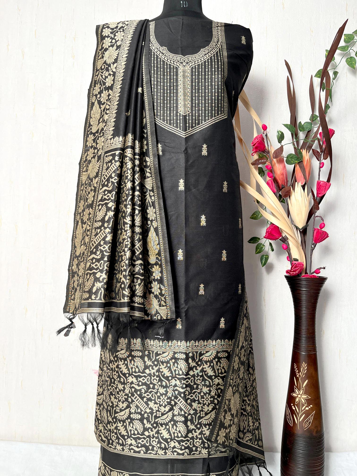 Black Handloom Raw Silk Warli Work Unstitched 3pis Dress Material