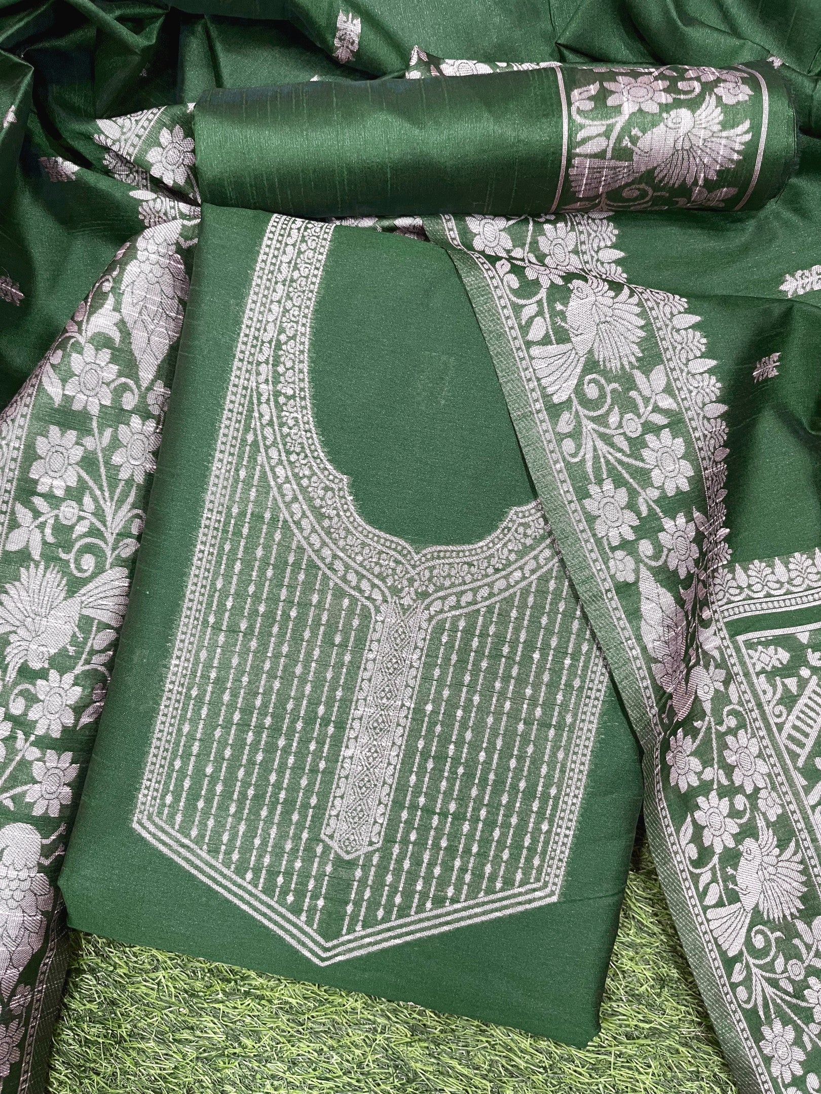 Green Handloom Raw Silk Warli Work Unstitched 3pis Dress Material