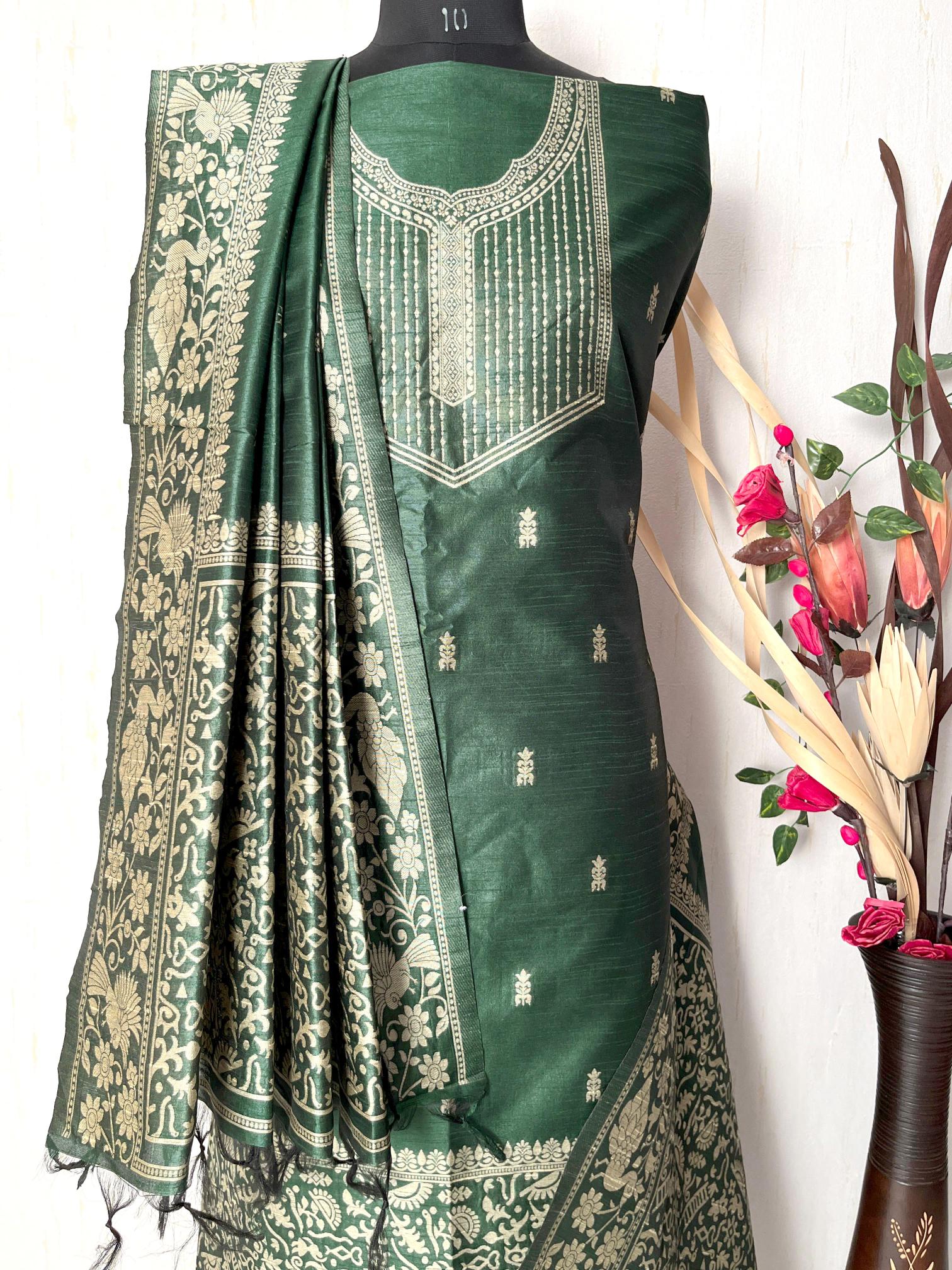 Green Handloom Raw Silk Warli Work Unstitched 3pis Dress Material