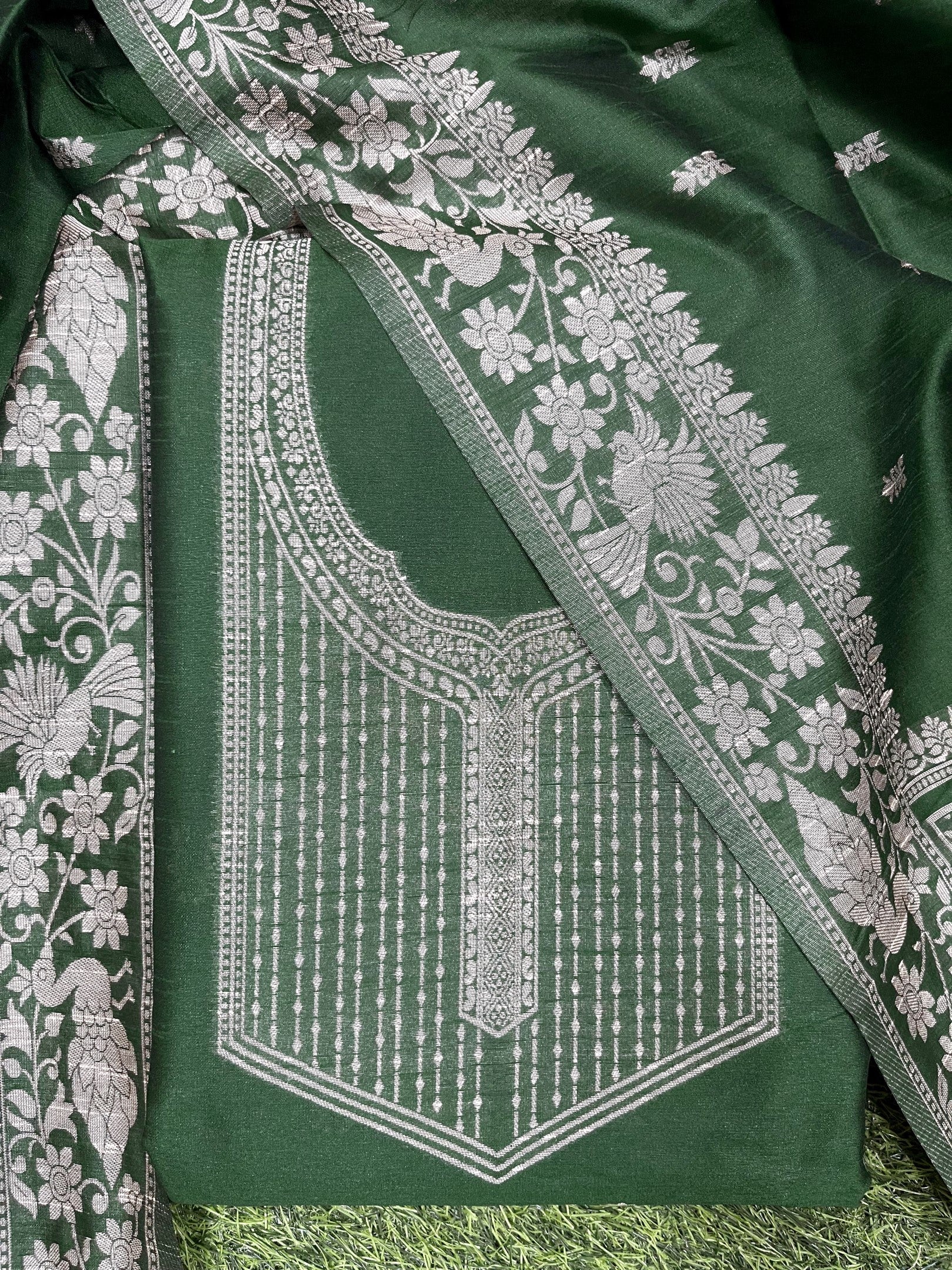 Green Handloom Raw Silk Warli Work Unstitched 3pis Dress Material